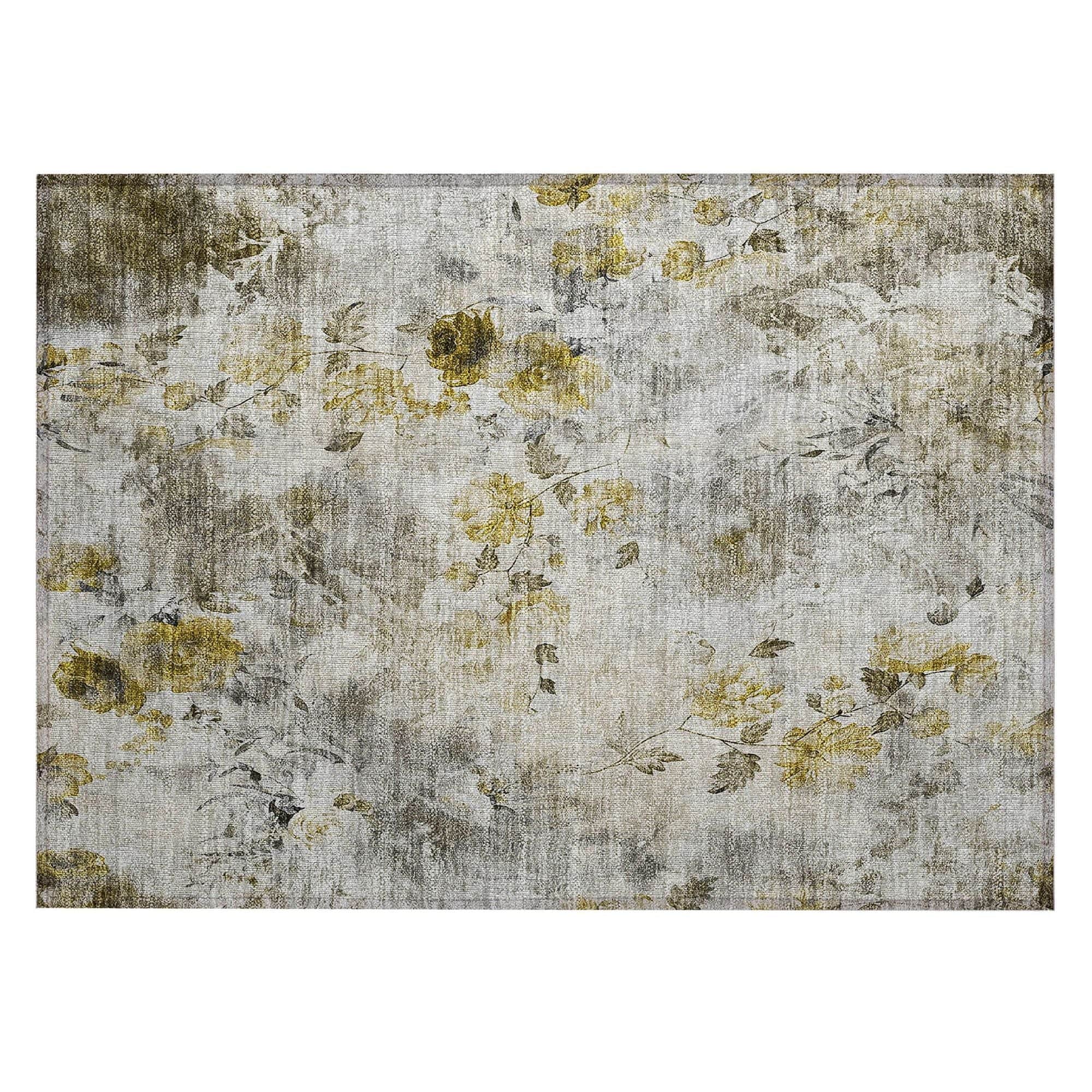 Machine Washable Taupe Brown Rug - Indoor / Outdoor - Kids / Pet Friendly Floral Print Rug