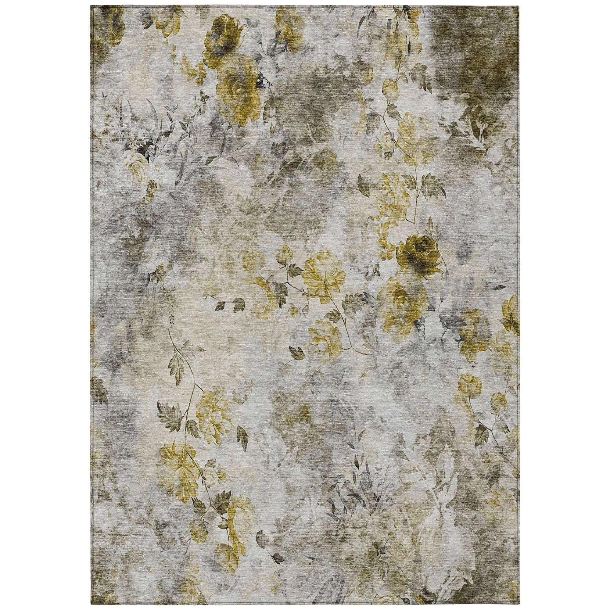 Machine Washable Taupe Brown Rug - Indoor / Outdoor - Kids / Pet Friendly Floral Print Rug