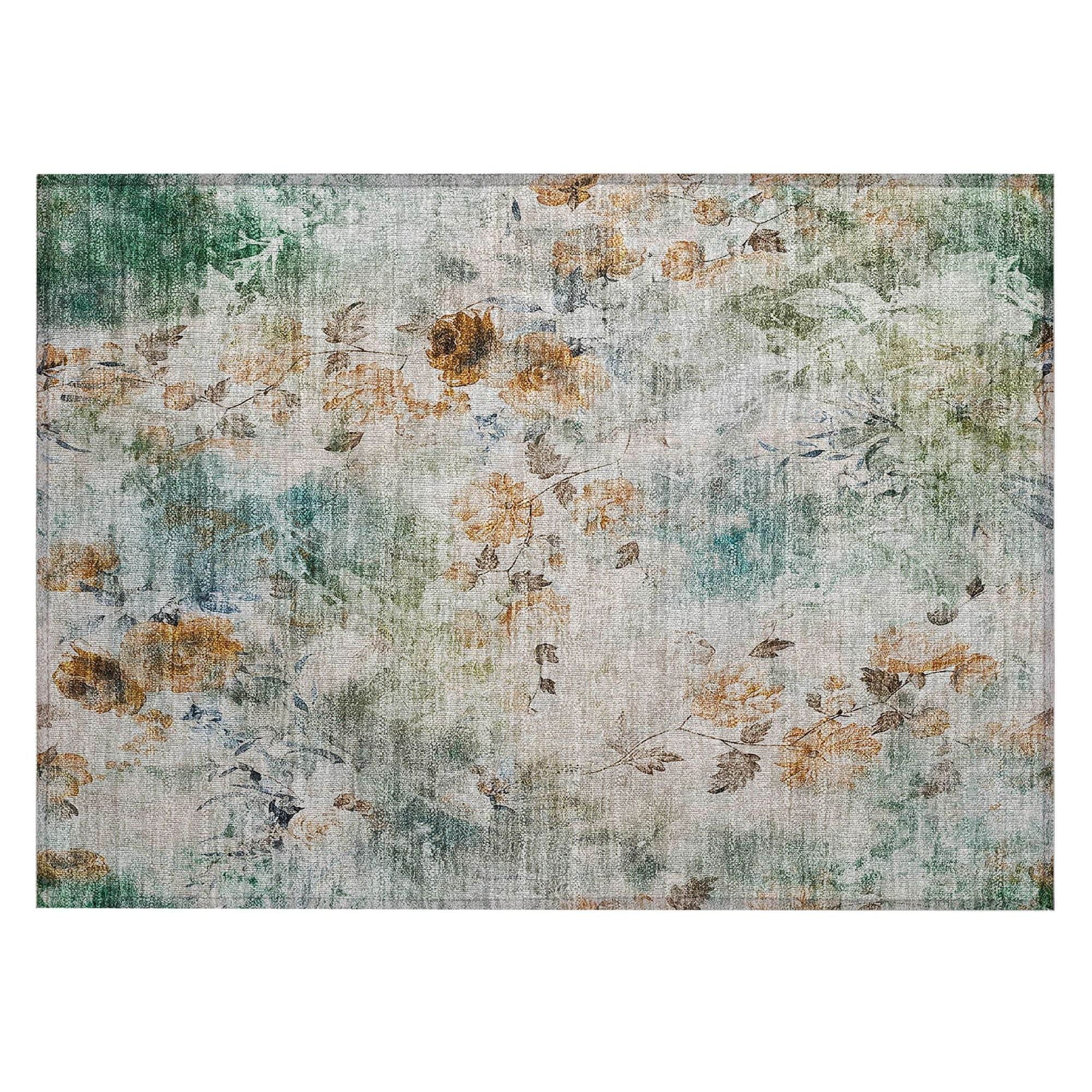 Machine Washable Teal Rug - Indoor / Outdoor - Kids / Pet Friendly Floral Print Rug
