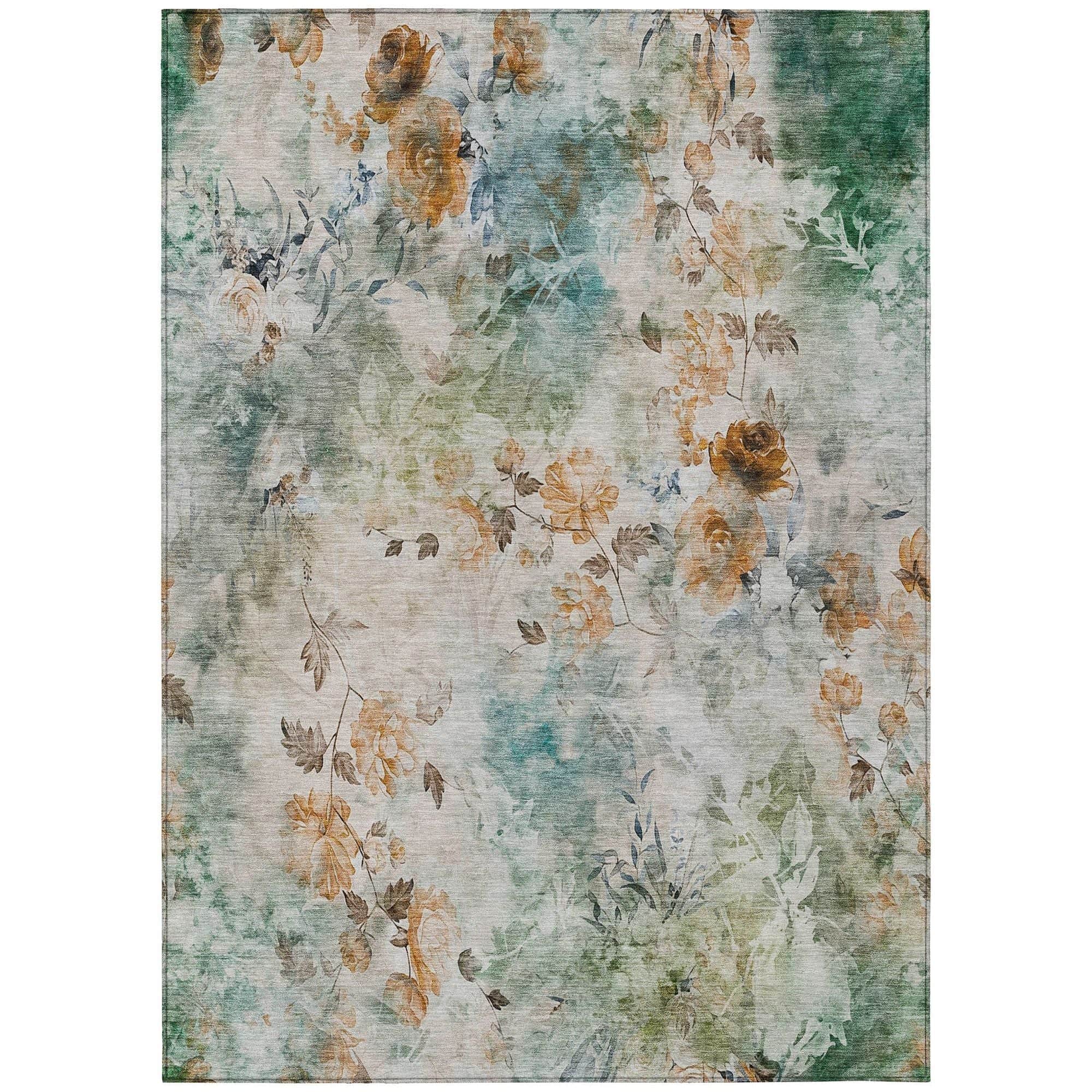 Machine Washable Teal Rug - Indoor / Outdoor - Kids / Pet Friendly Floral Print Rug