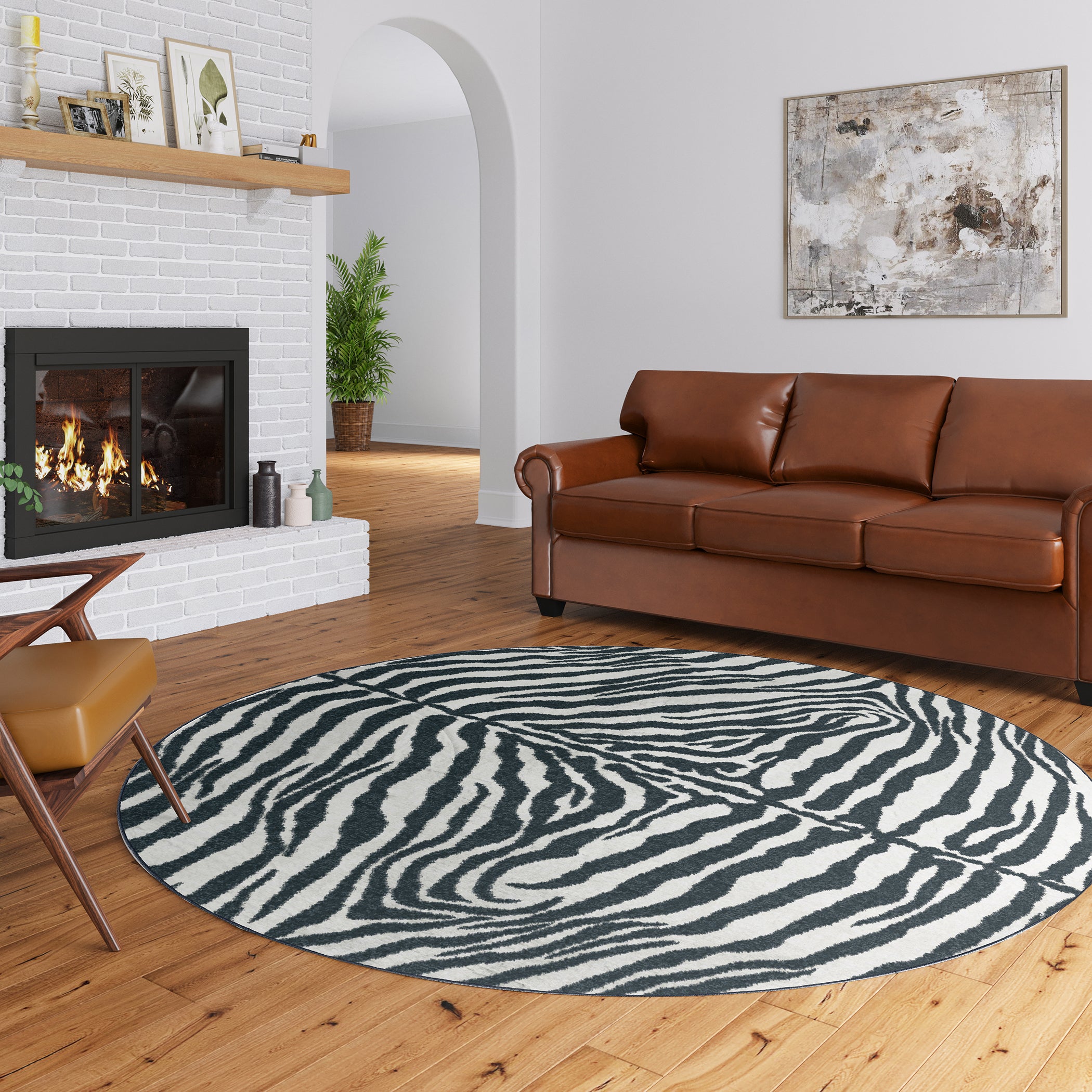 Luxury Machine Washable Casual AK1 Ivory Black Rug 8' x 8' #shape_Round