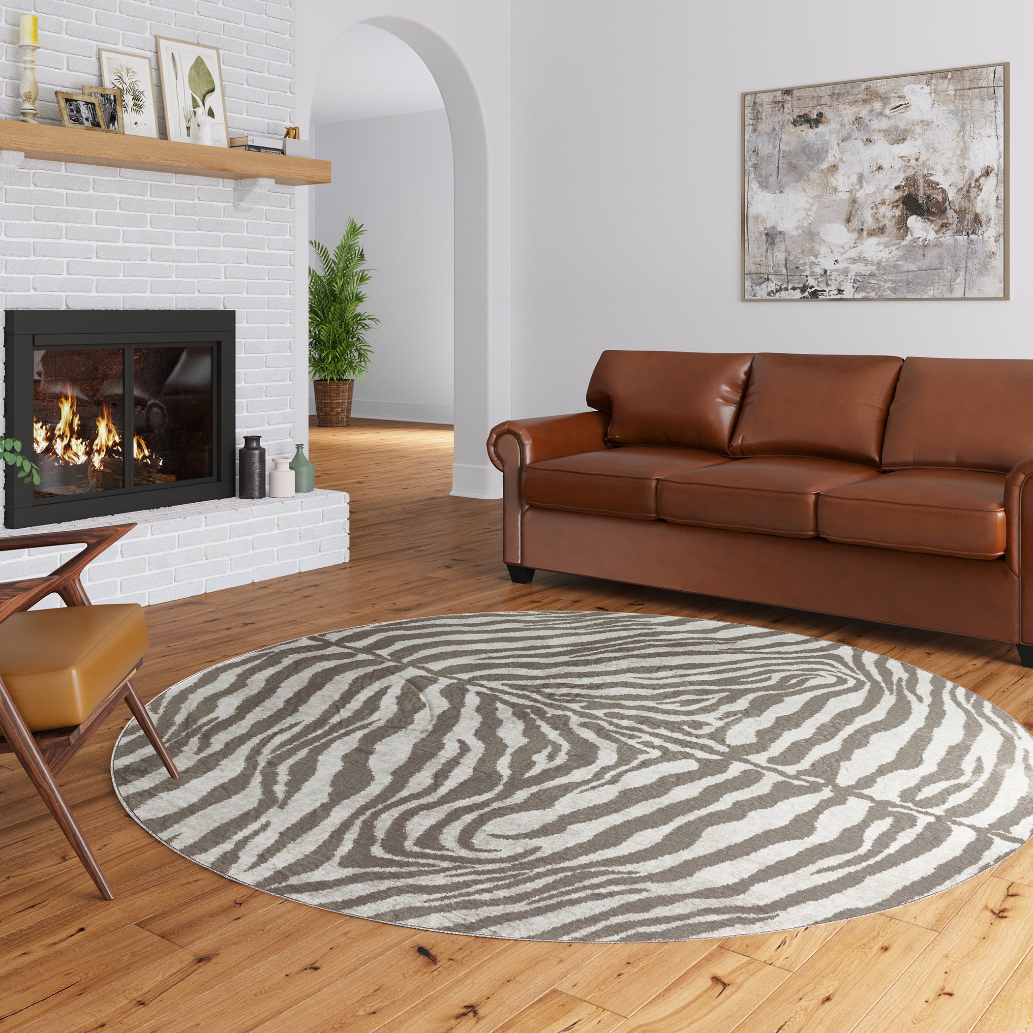 Luxury Machine Washable Casual AK1 Mocha Brown Rug 8' x 8' #shape_Round