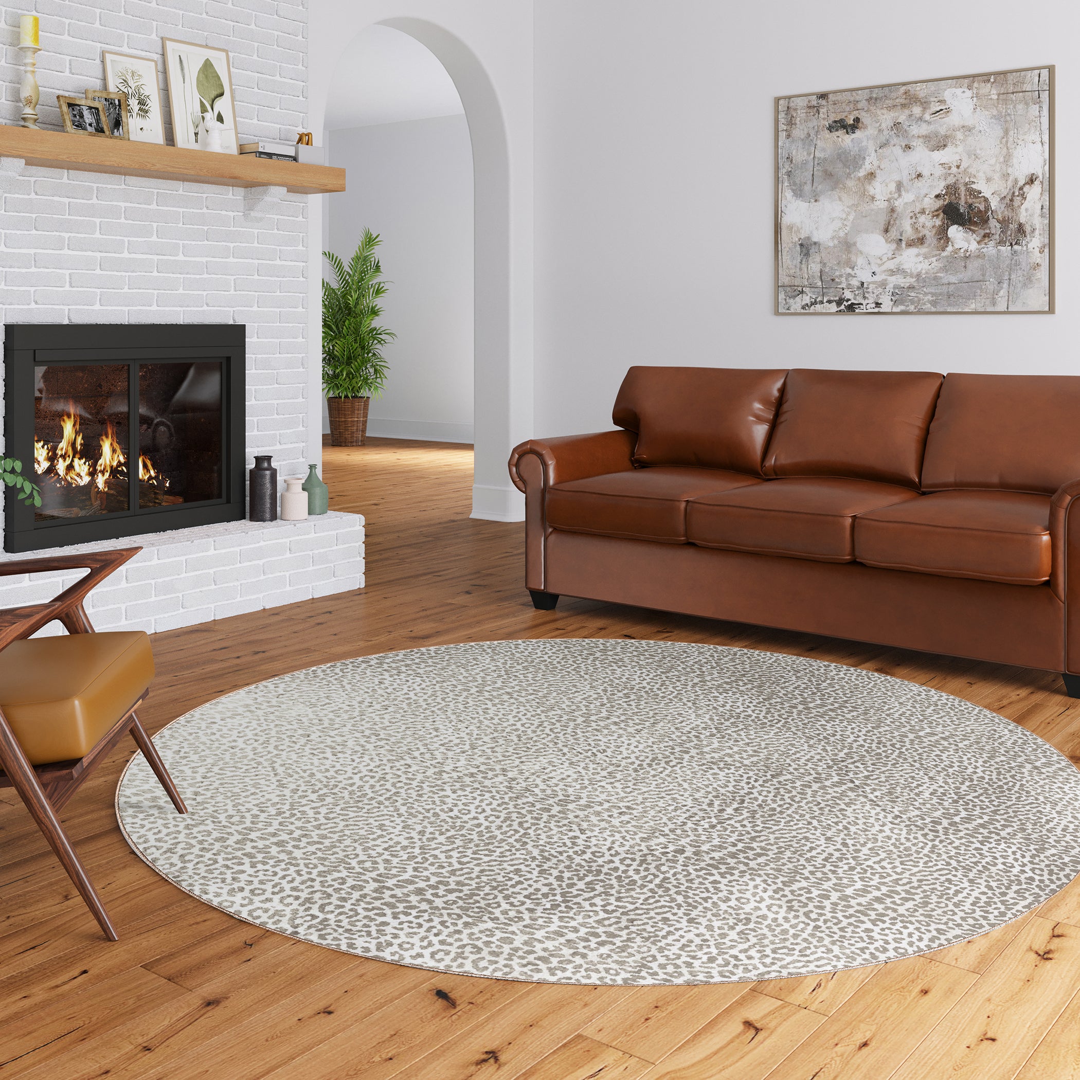 Luxury Machine Washable Casual AK2 Stone Brown Rug 8' x 8' #shape_Round