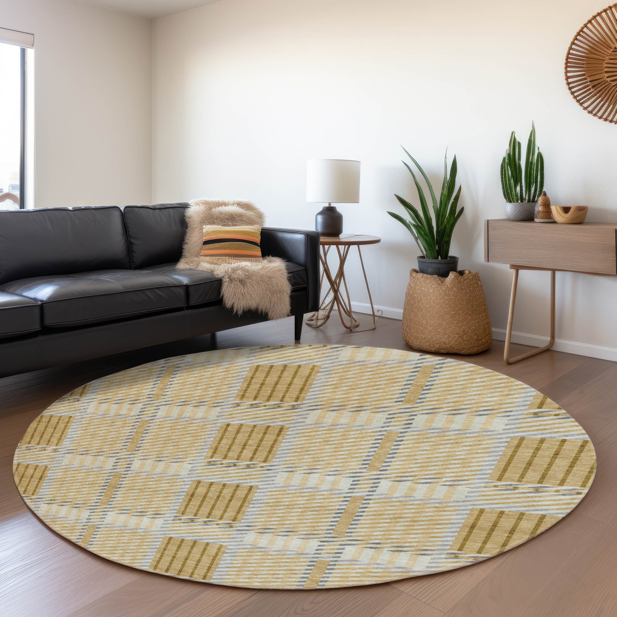 Lisbon Machine Washable Transitional Gold Rug 8' x 8' #shape_Round