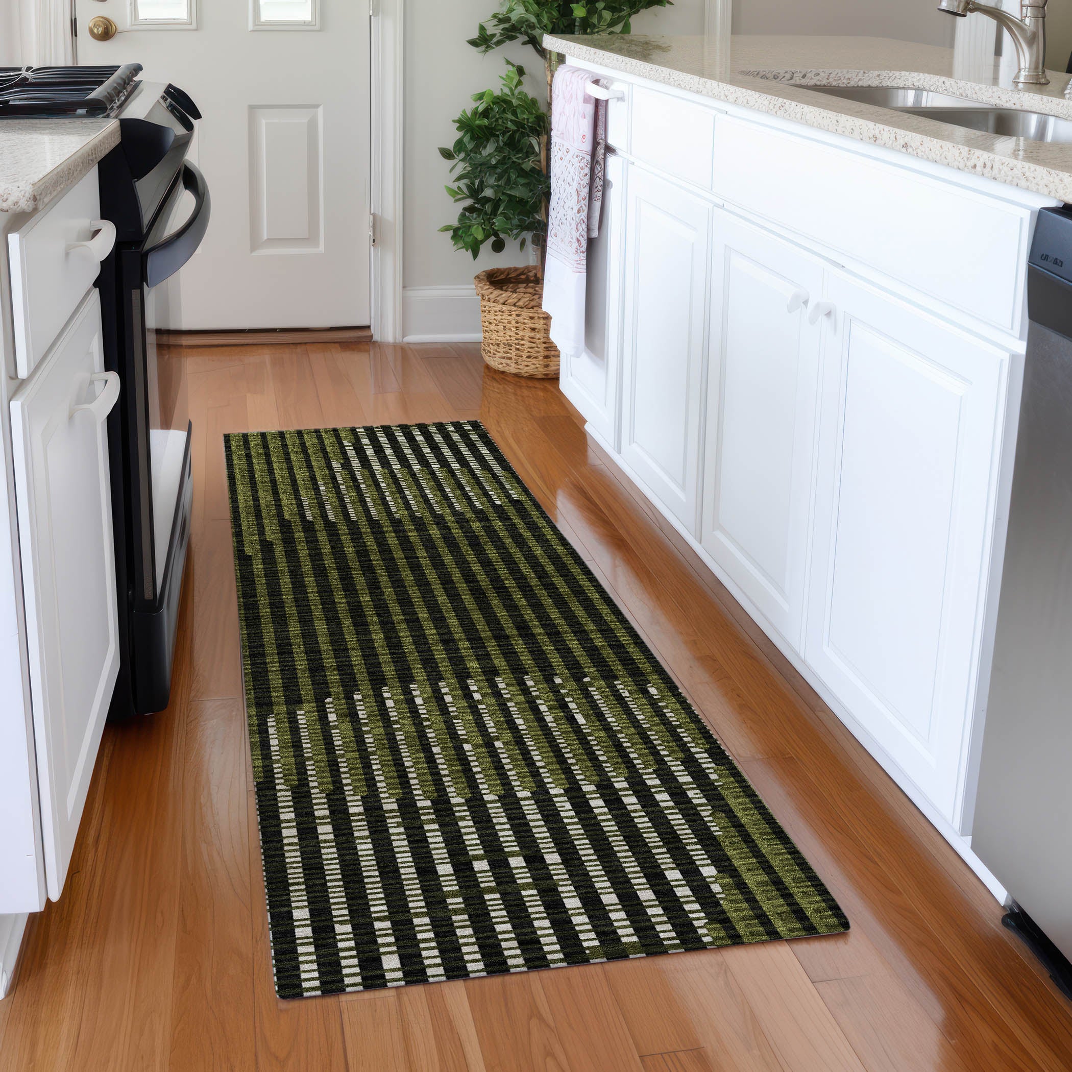 Reykjavik Machine Washable Transitional Olive Green Rug 2'3" x 7'6" #shape_Runner