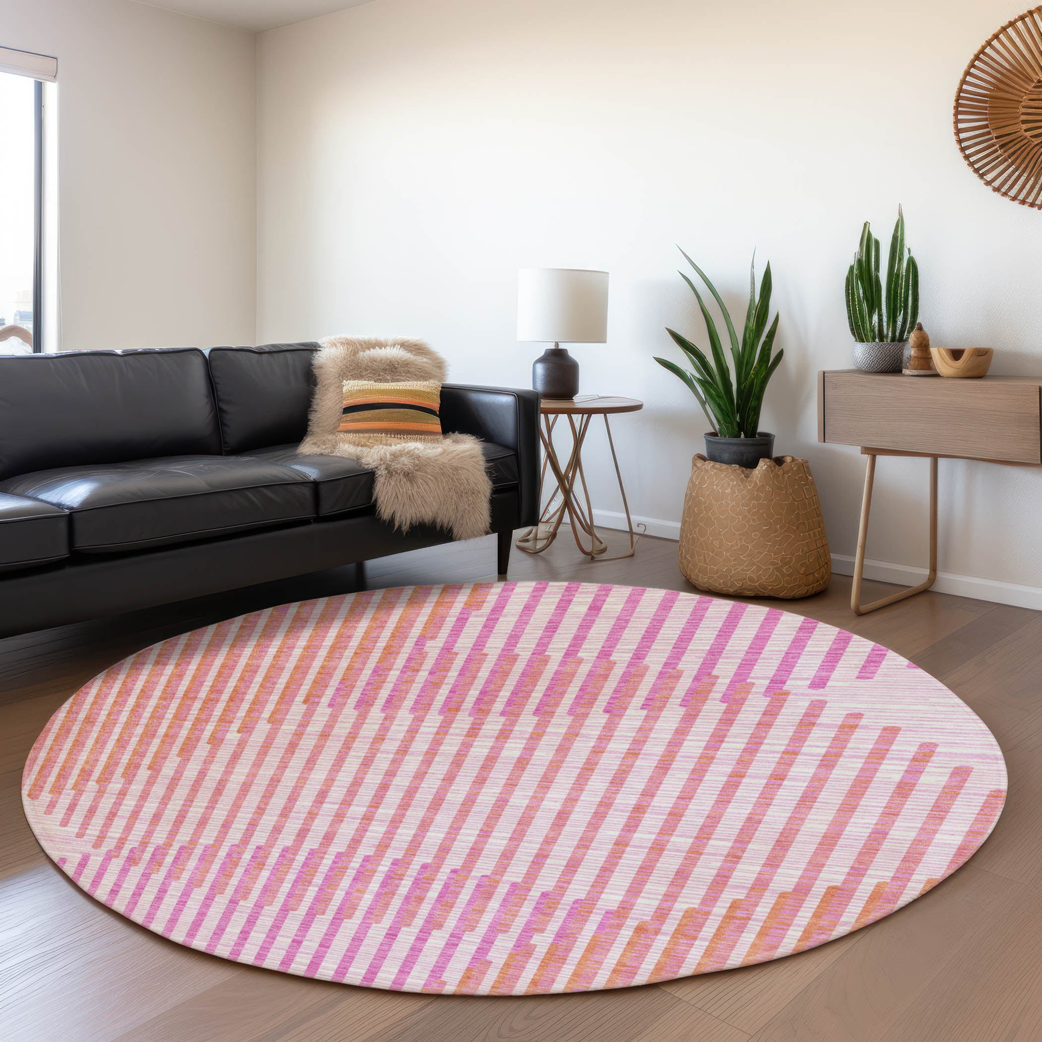 Reykjavik Machine Washable Transitional Pink Rug 8' x 8' #shape_Round