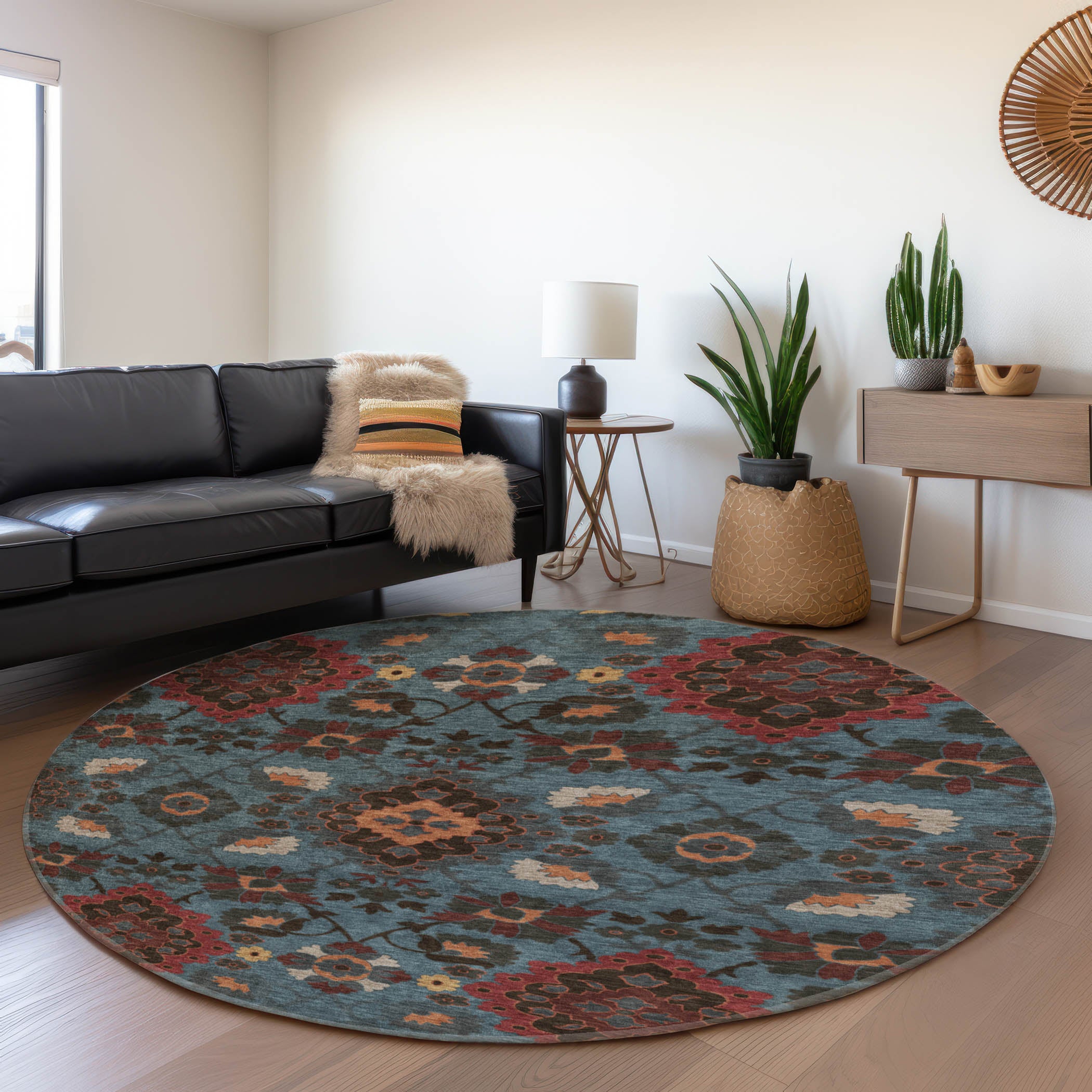 Lucerne Machine Washable Traditional Denim Blue Rug 8' x 8' #shape_Round