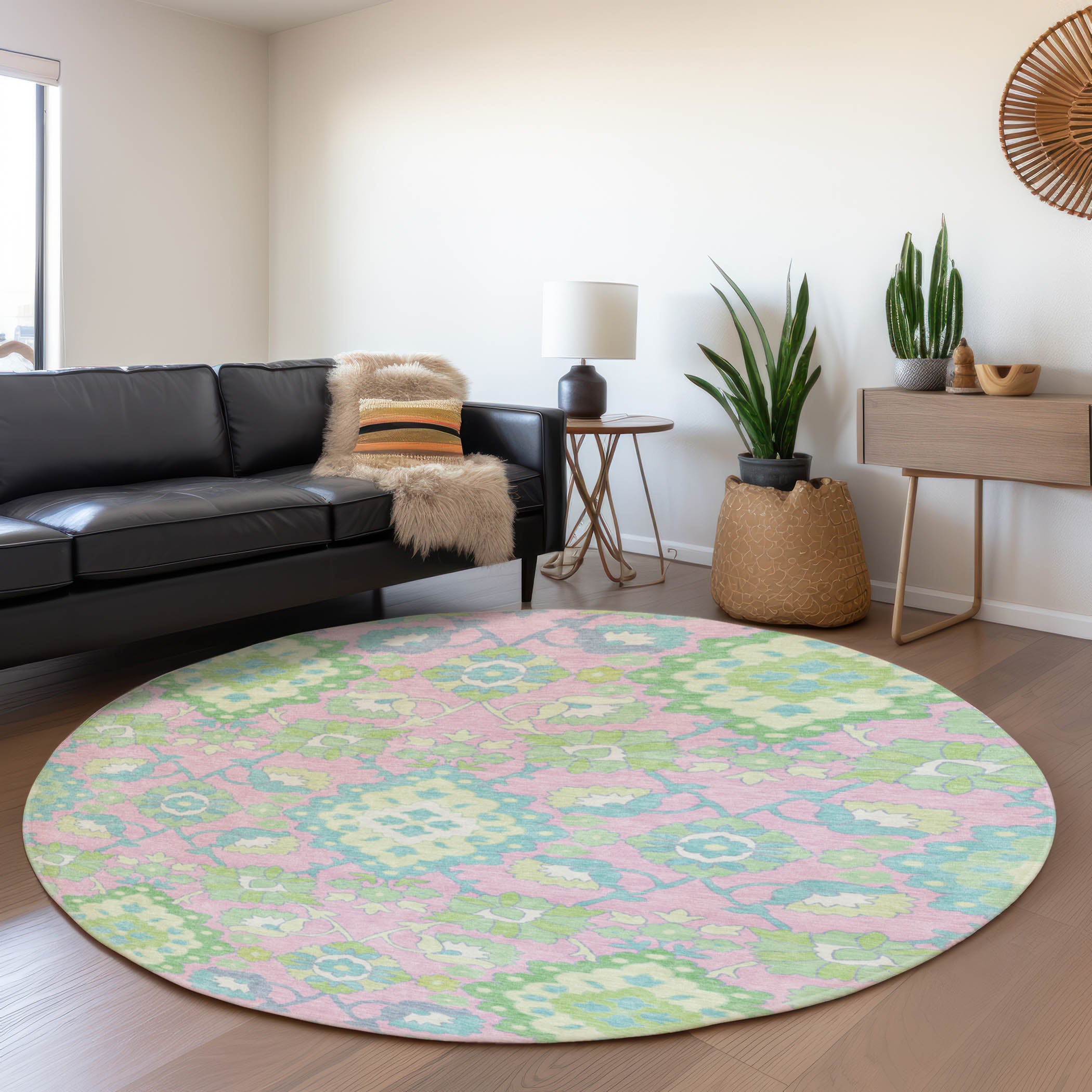 Lucerne Machine Washable Traditional Pink Rug 8' x 8' #shape_Round