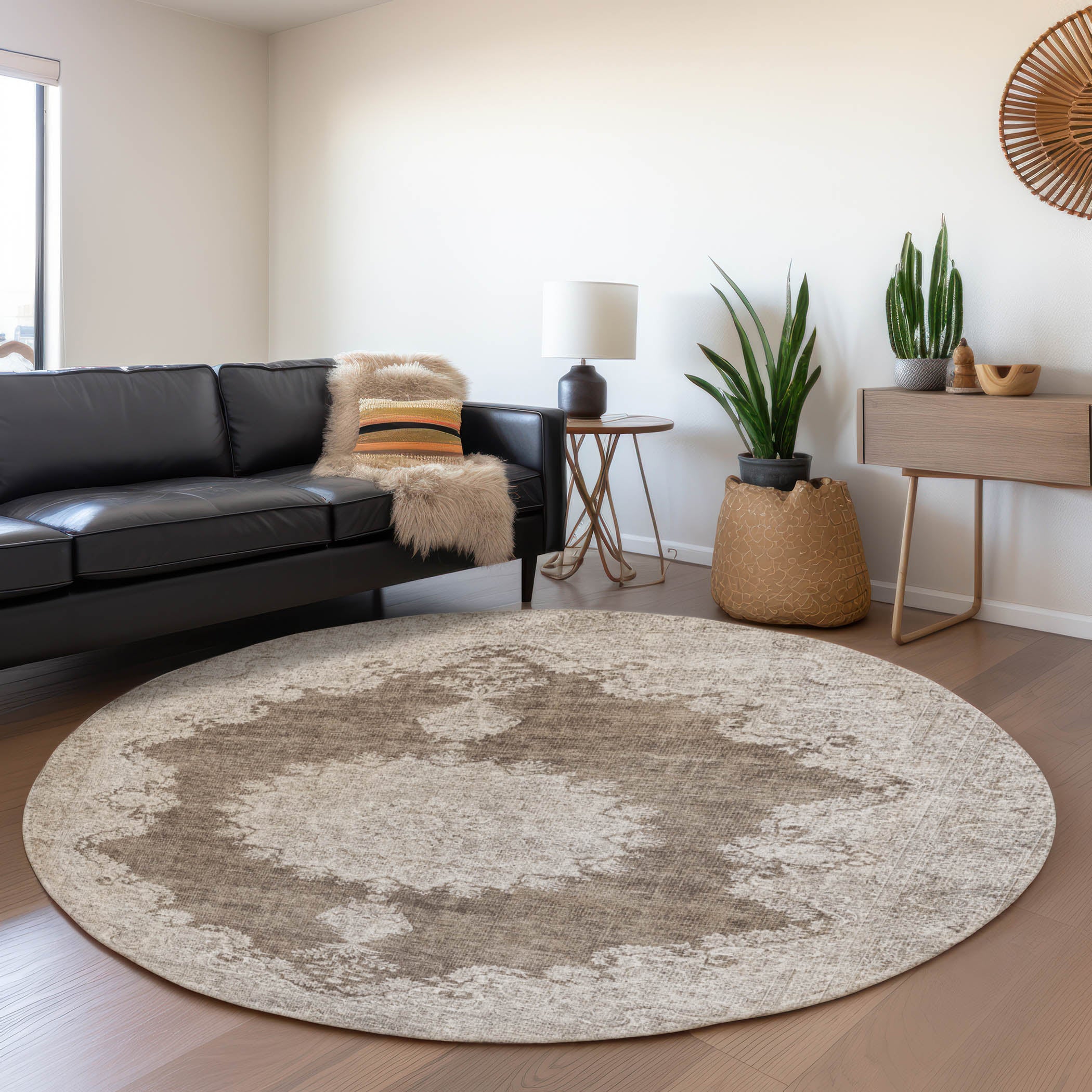 Queenstown Machine Washable Traditional Brown Rug 8' x 8' #shape_Round