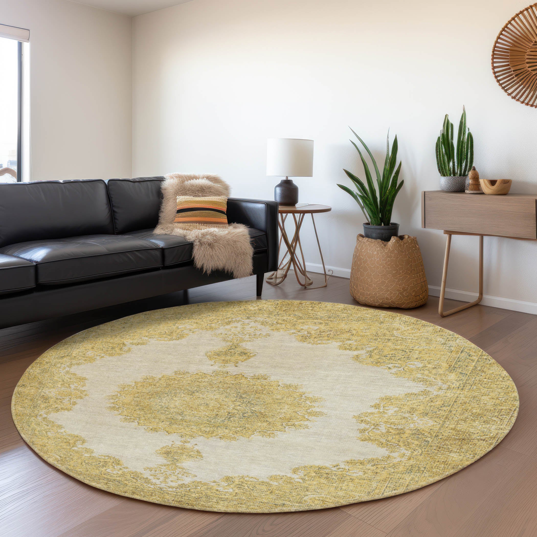 Queenstown Machine Washable Traditional Gold Rug 8' x 8' #shape_Round