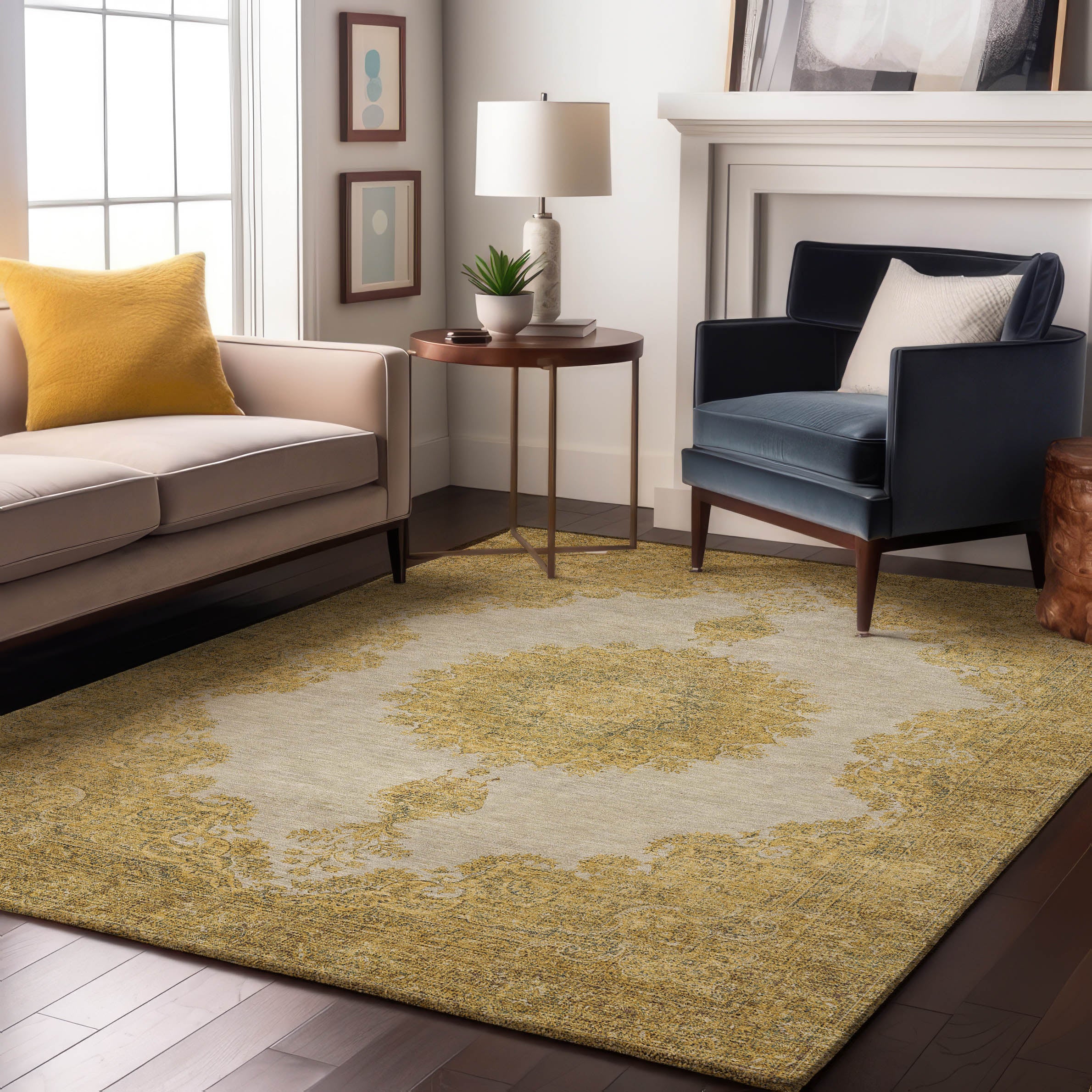Queenstown Machine Washable Traditional Gold Rug 2'6" x 3'10" #shape_Rectangle