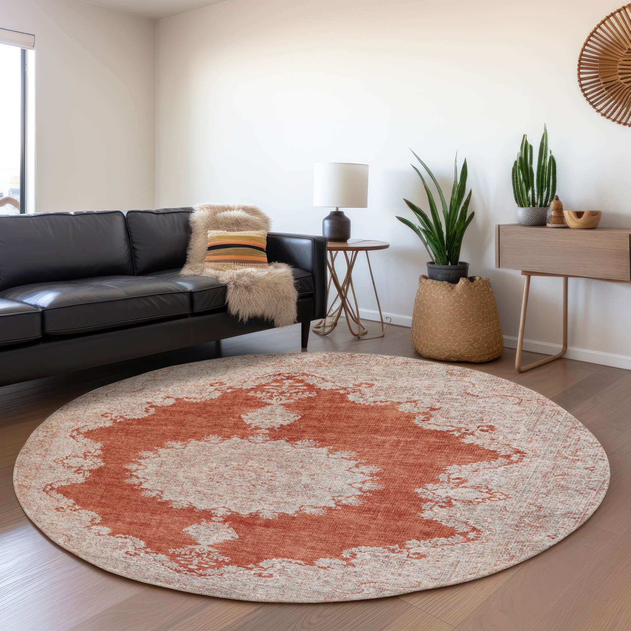 Queenstown Machine Washable Traditional Rust Orange Rug 8' x 8' #shape_Round