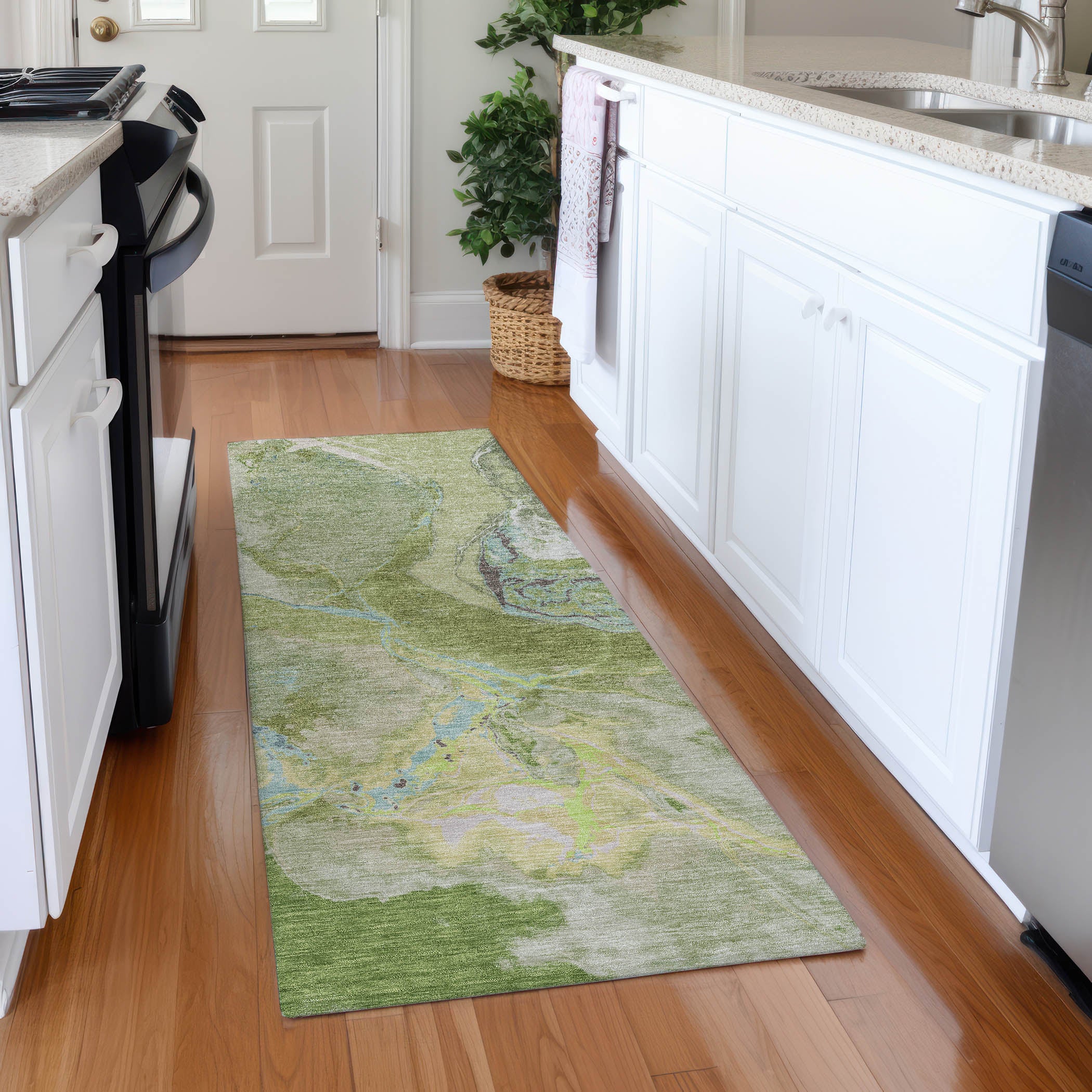 Seville Machine Washable Transitional Green Rug 2'3" x 7'6" #shape_Runner