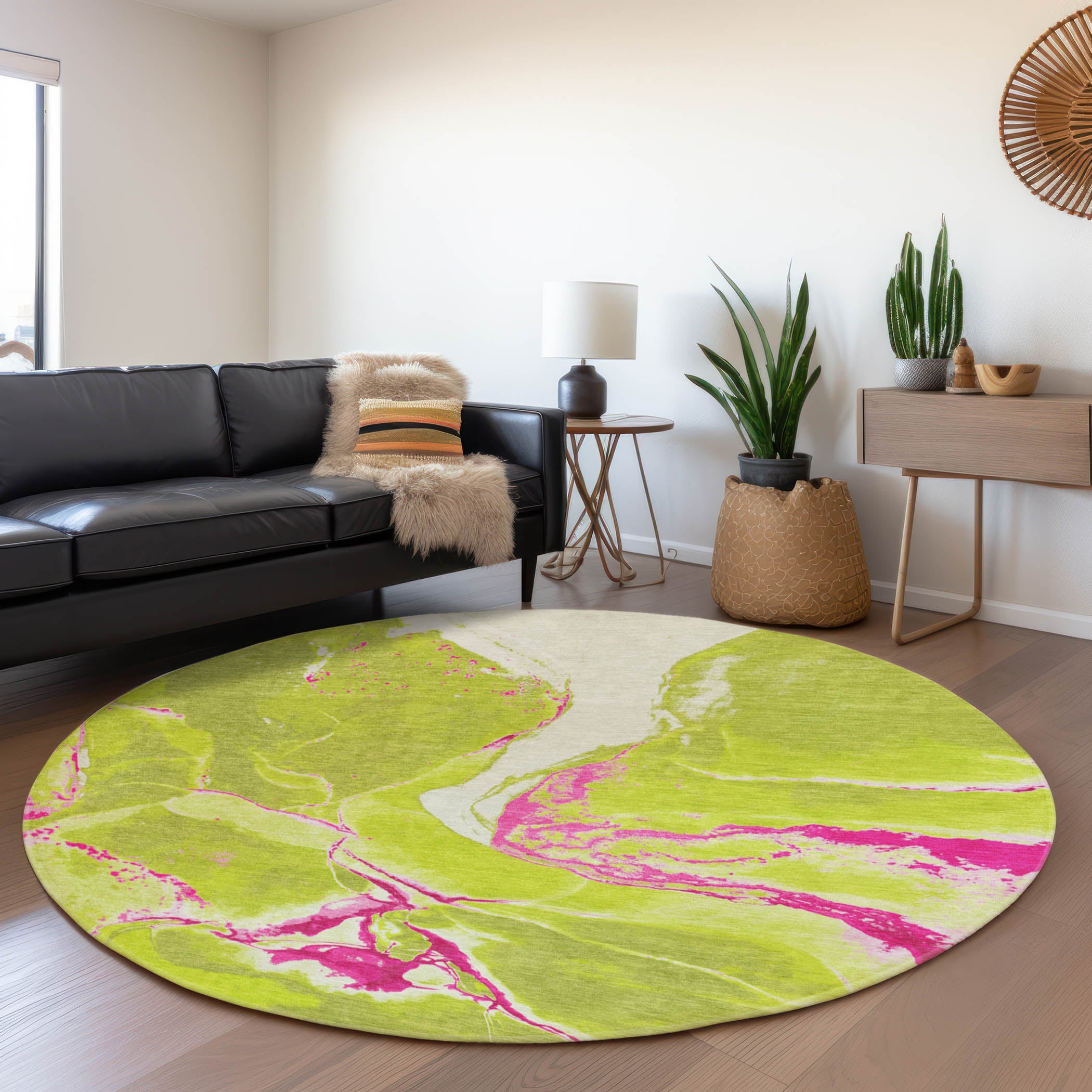 Seville Machine Washable Transitional Lime Green Rug 8' x 8' #shape_Round