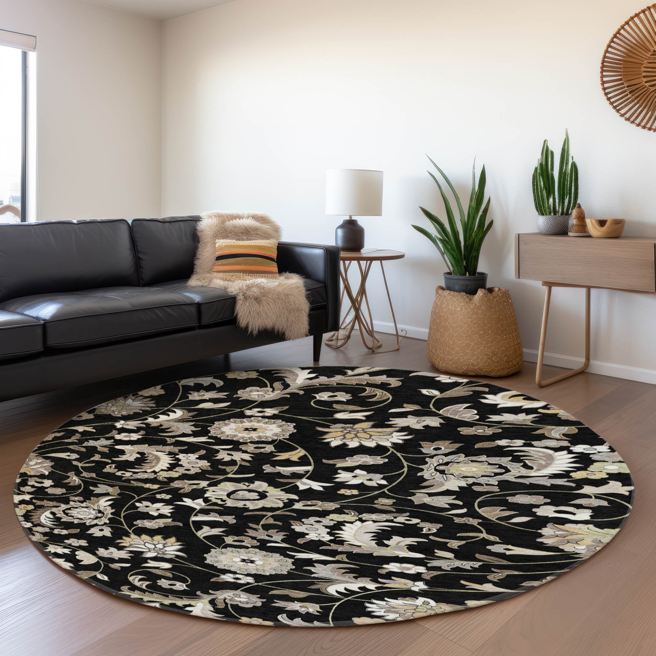 Baku Machine Washable Transitional Black Rug 8' x 8' #shape_Round