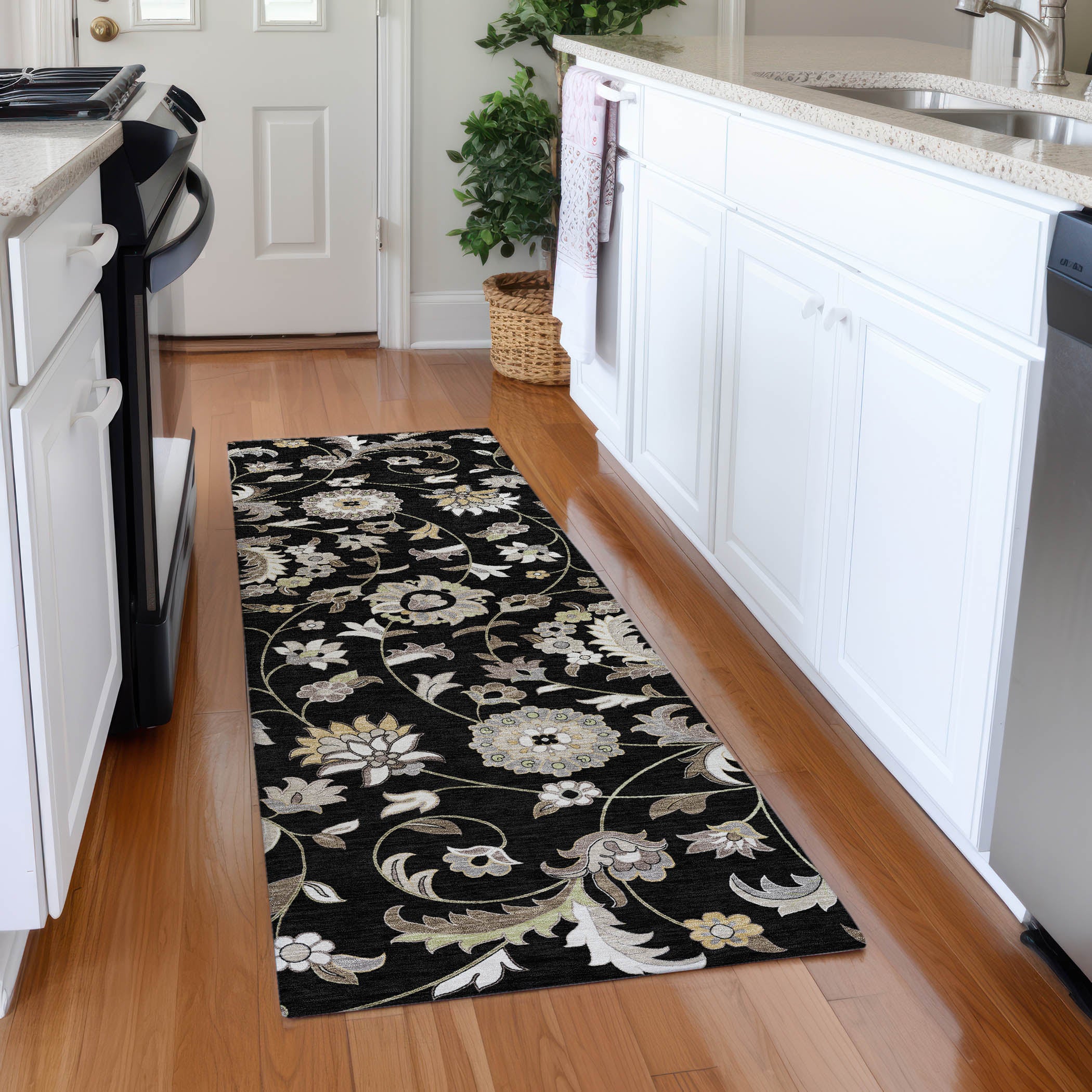Baku Machine Washable Transitional Black Rug 2'3" x 7'6" #shape_Runner