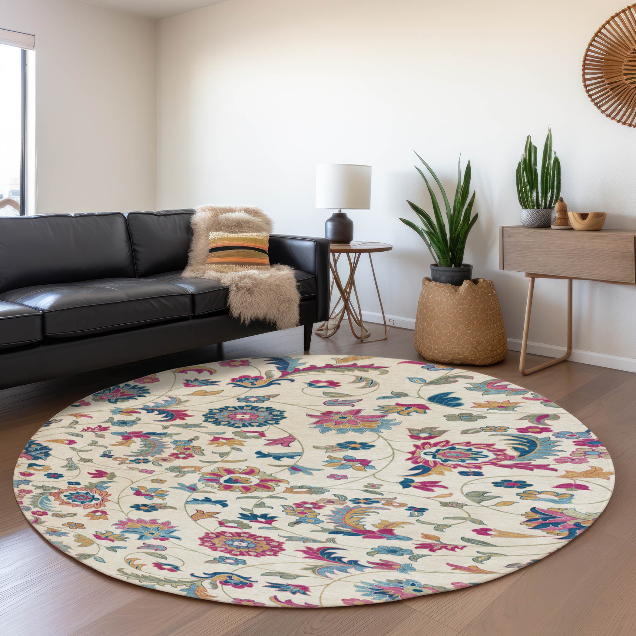 Baku Machine Washable Transitional Linen Ivory Rug 8' x 8' #shape_Round