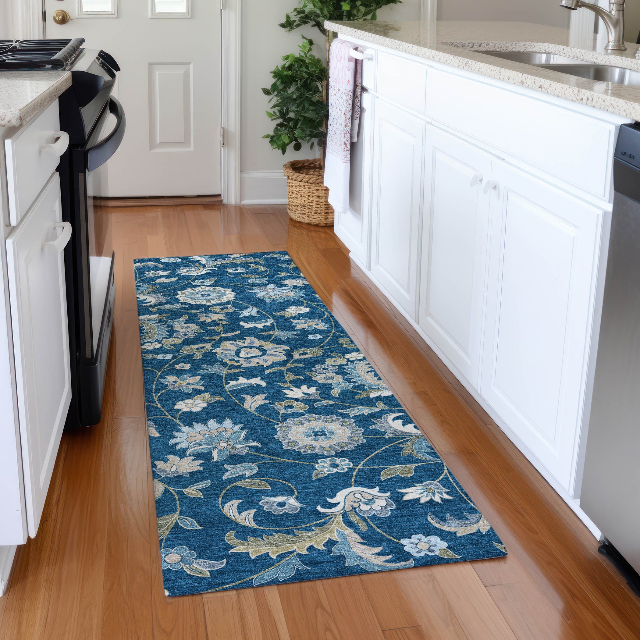 Baku Machine Washable Transitional Navy Blue Rug 2'3" x 7'6" #shape_Runner