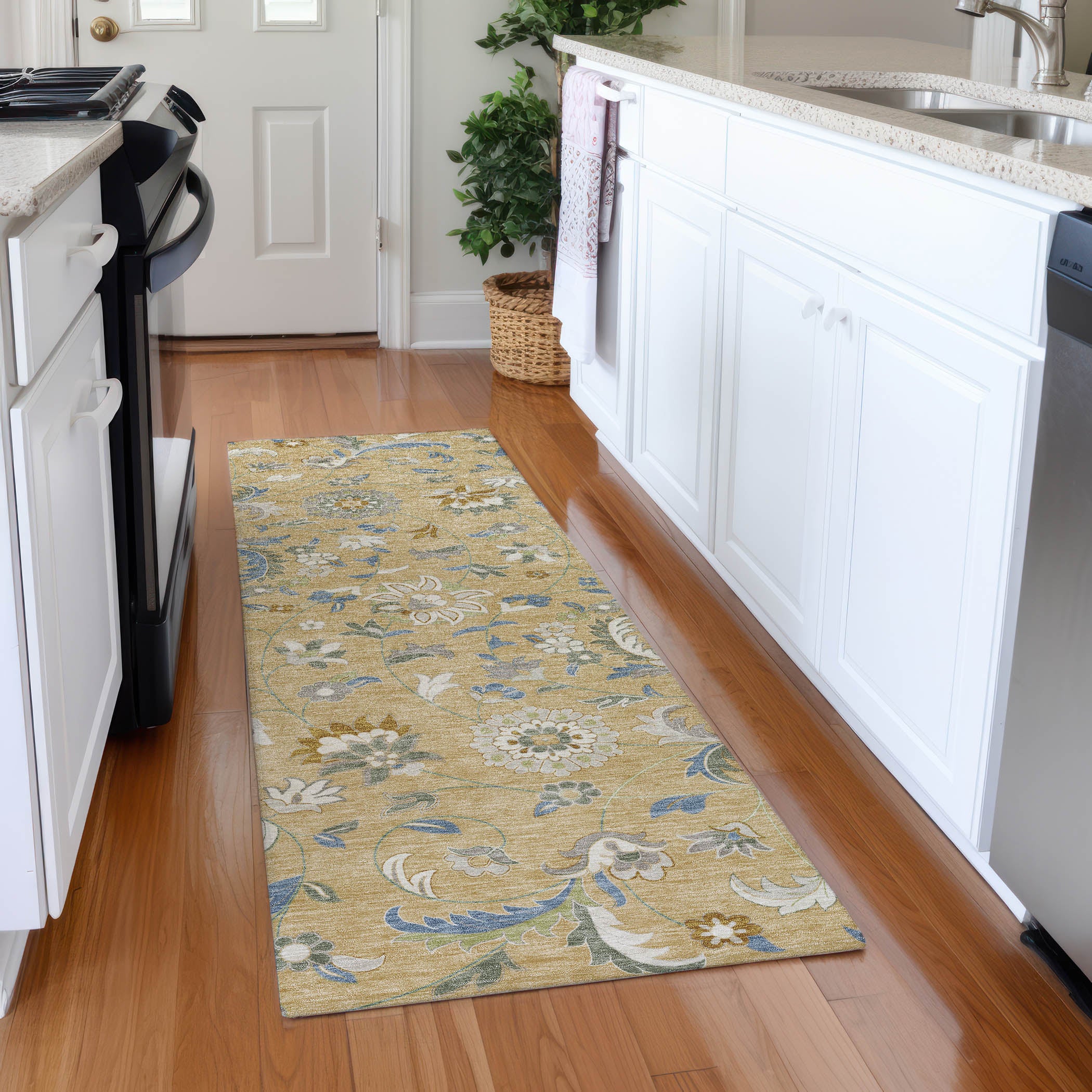 Baku Machine Washable Transitional Wheat Gold Rug 2'3" x 7'6" #shape_Runner