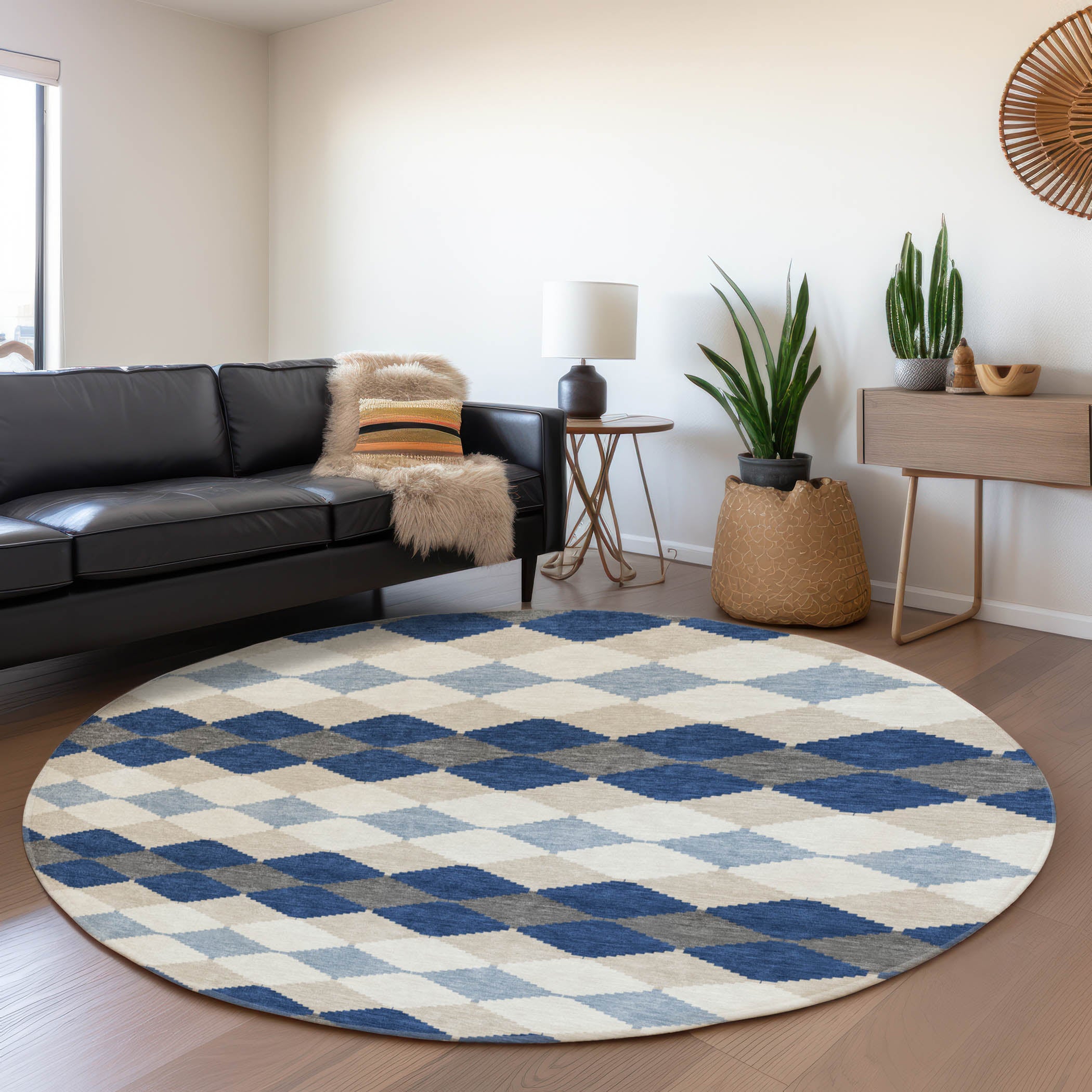 Colombo Machine Washable Transitional Navy Blue Rug 8' x 8' #shape_Round