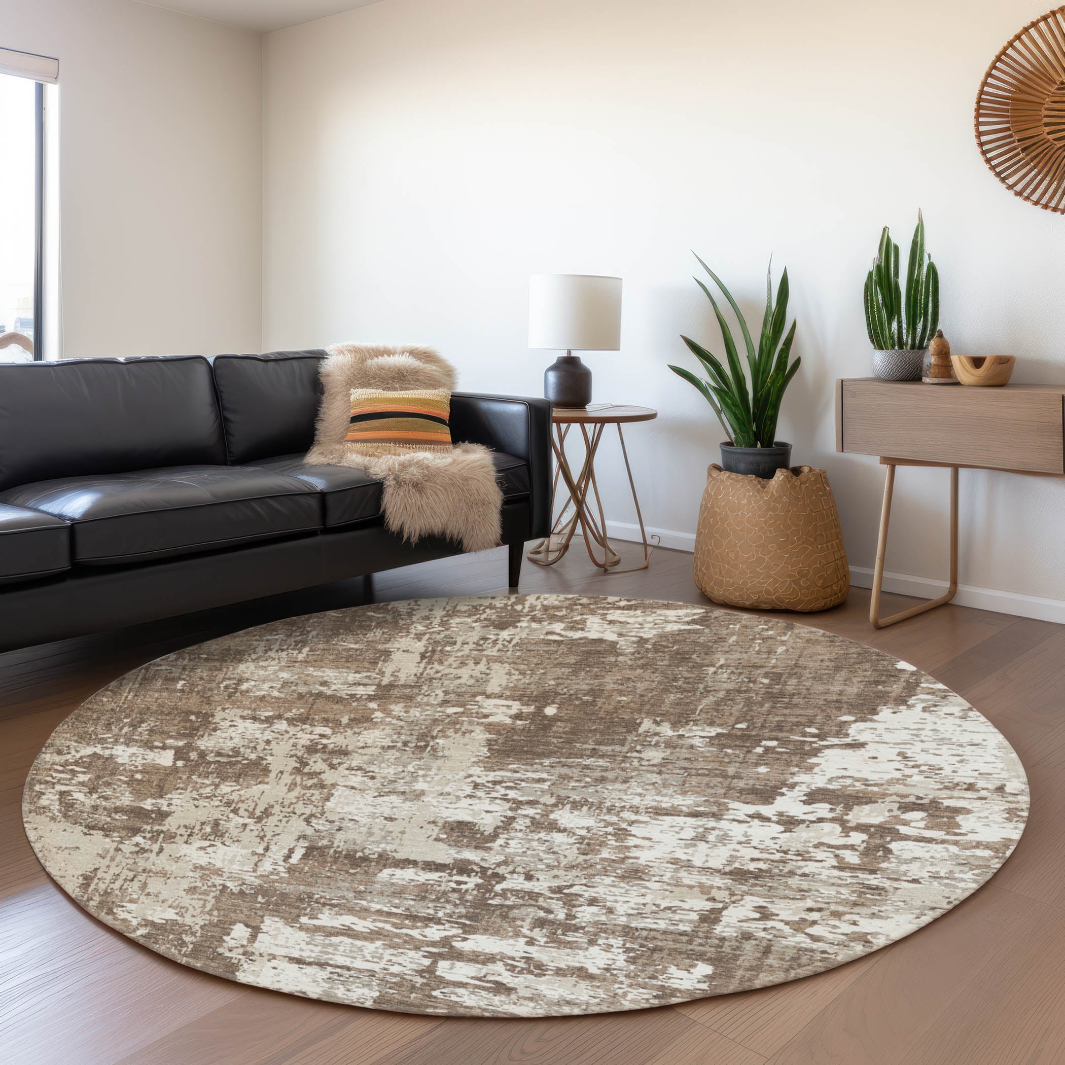 Athens Machine Washable Transitional Brown Rug 8' x 8' #shape_Round