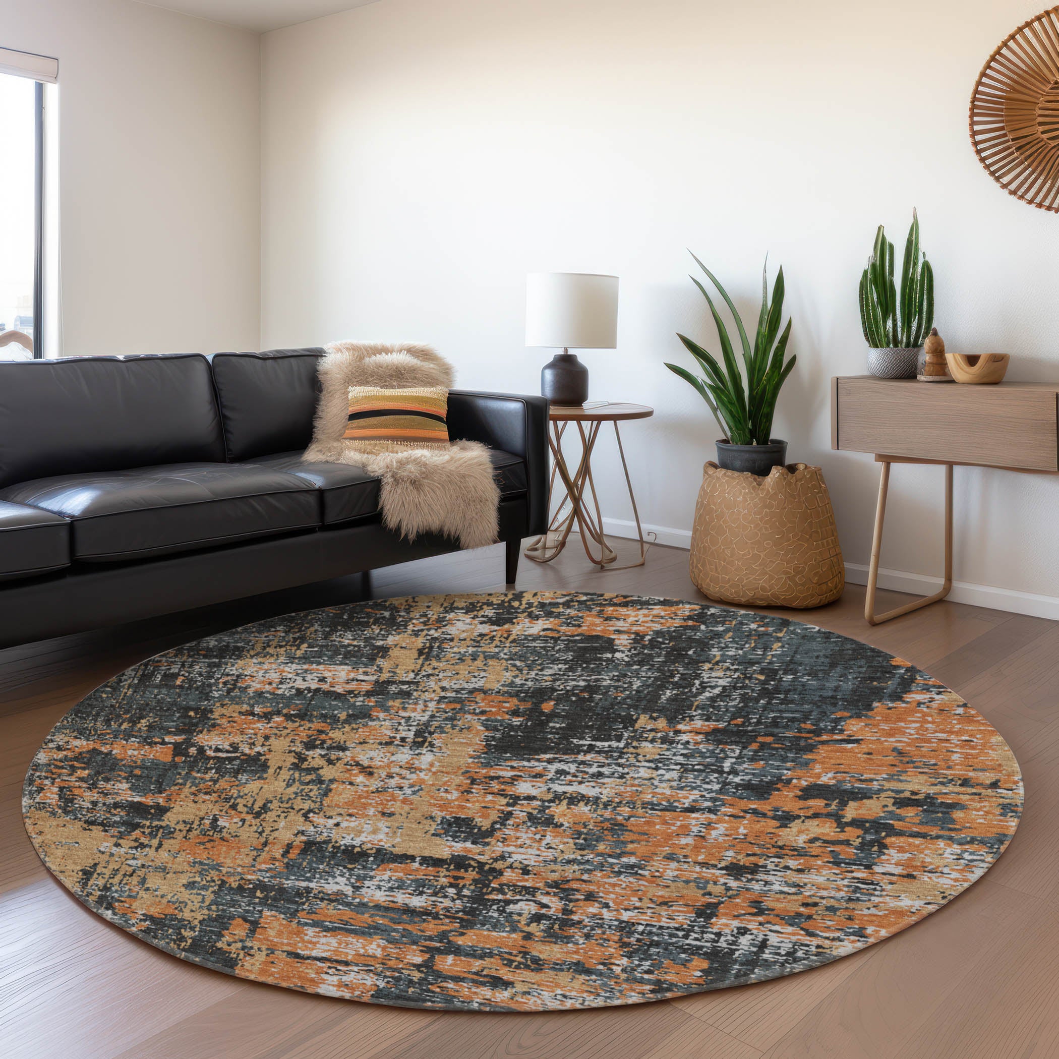 Athens Machine Washable Transitional Charcoal Gray Rug 8' x 8' #shape_Round
