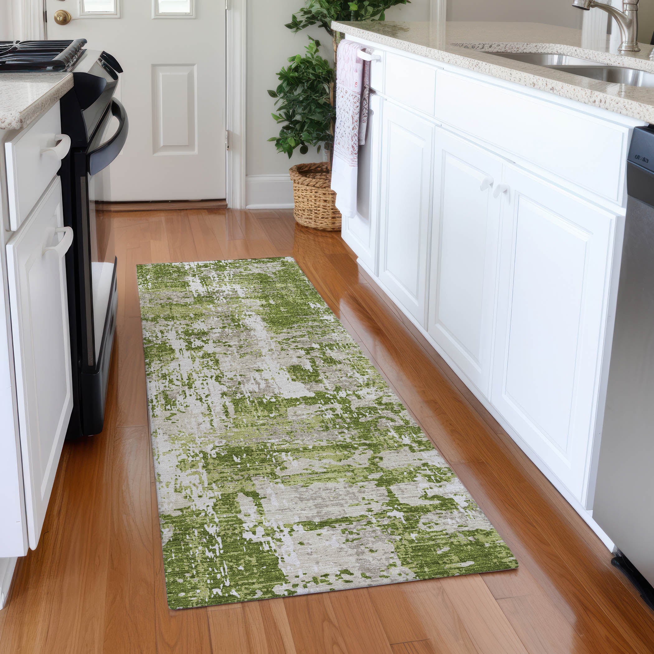 Athens Machine Washable Transitional Green Rug 2'3" x 7'6" #shape_Runner