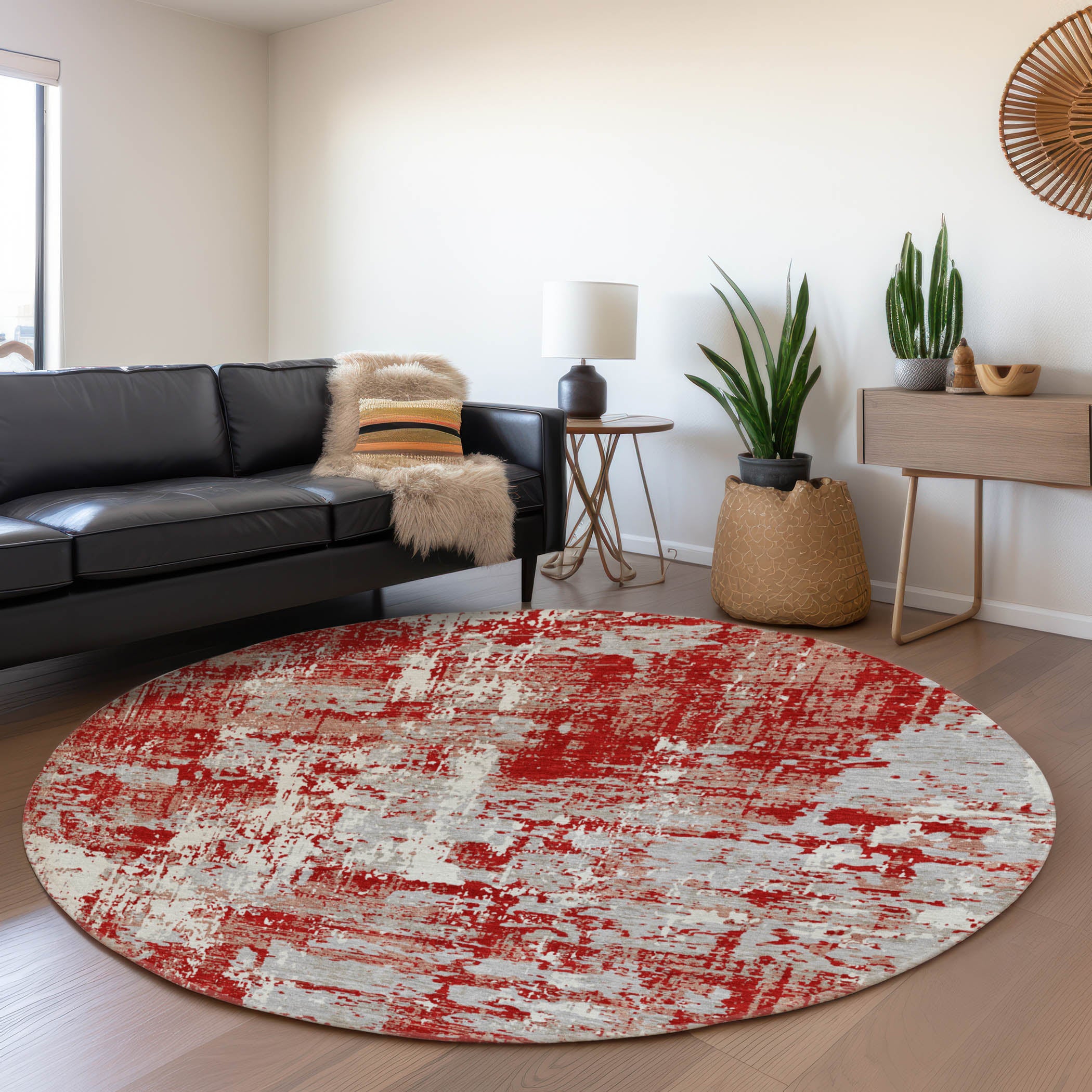 Athens Machine Washable Transitional Red Rug 8' x 8' #shape_Round