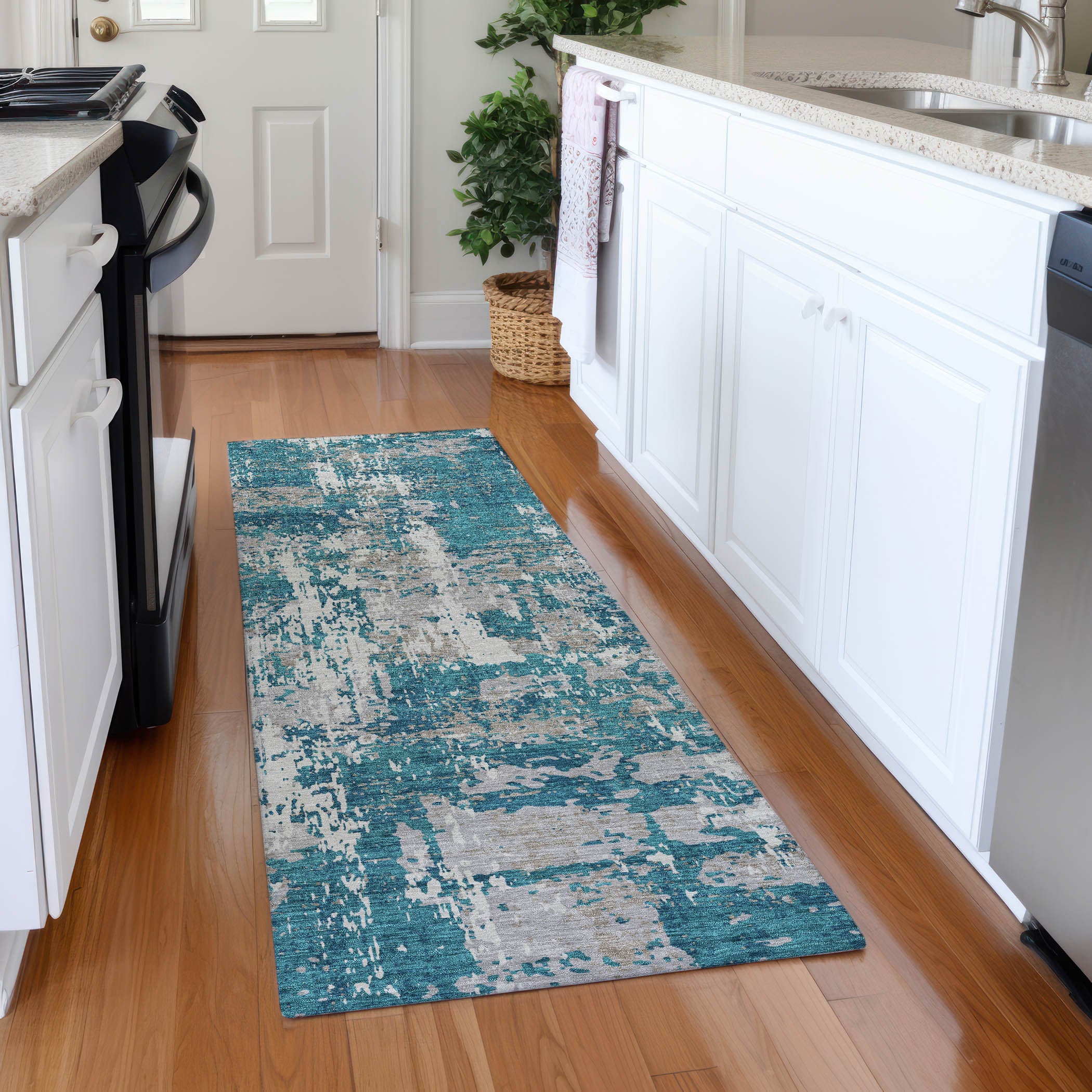 Athens Machine Washable Transitional Teal Rug 2'3" x 7'6" #shape_Runner