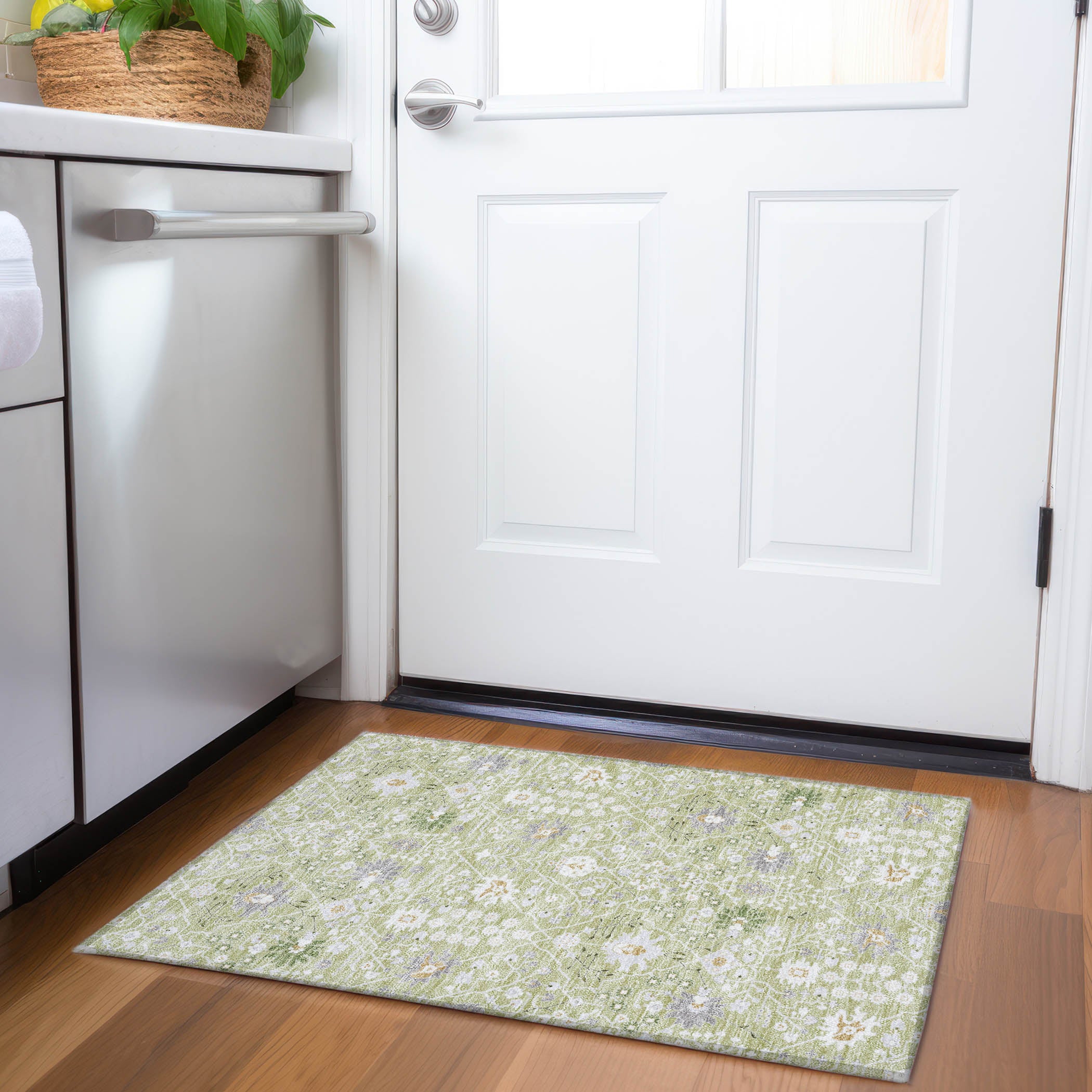 Colombo Machine Washable Traditional Aloe Green Rug 1'8" x 2'6" #shape_Rectangle