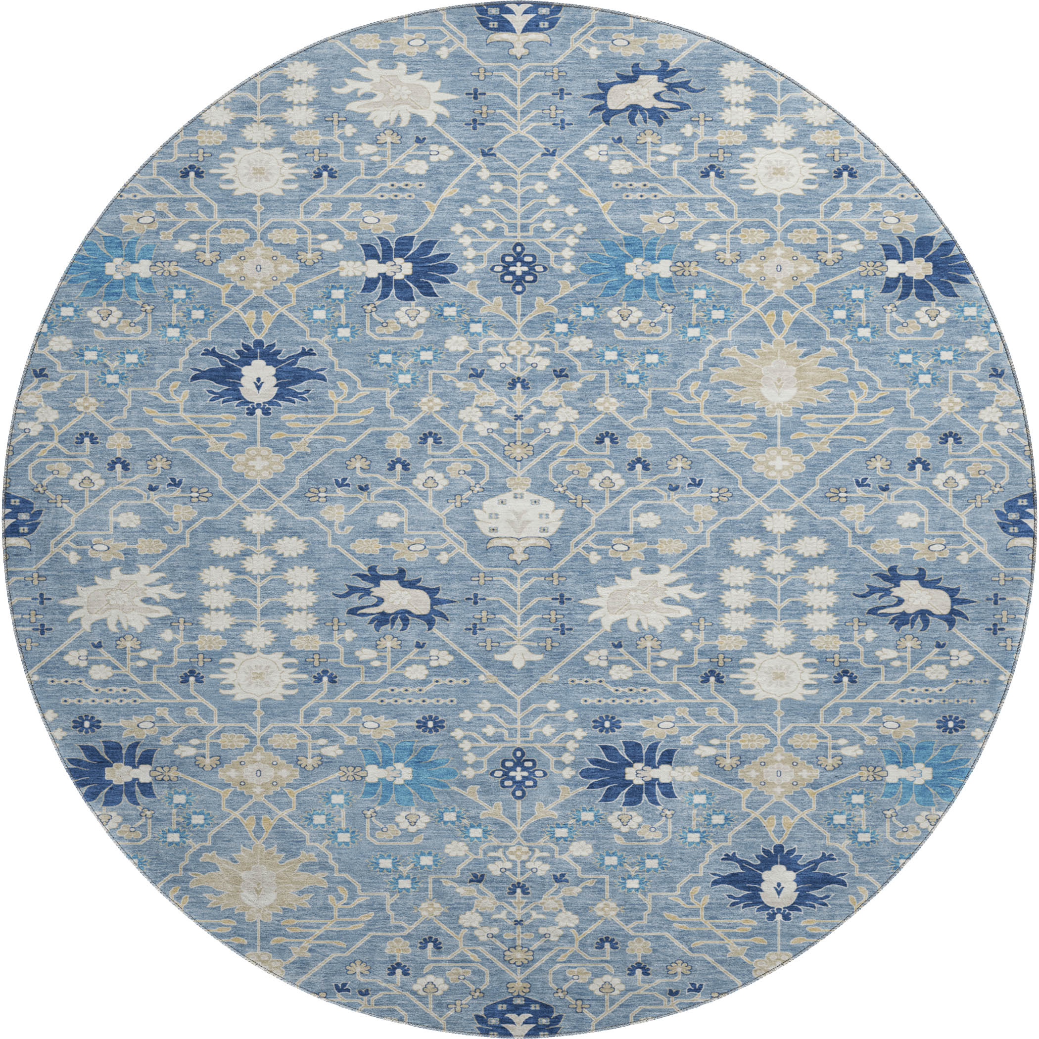 Colombo Machine Washable Traditional Denim Blue Rug 8' x 8' #shape_Round