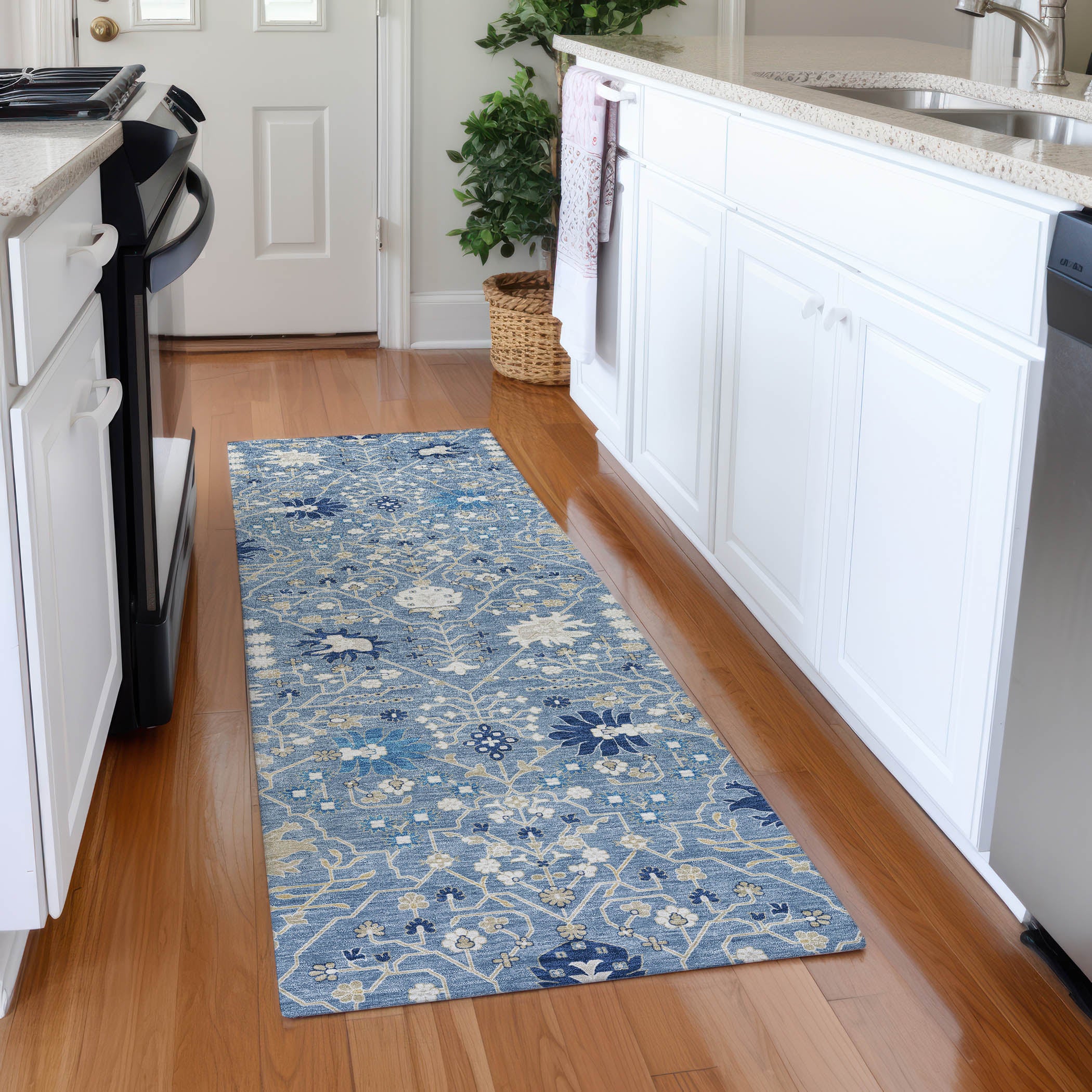 Colombo Machine Washable Traditional Denim Blue Rug 2'3" x 7'6" #shape_Runner