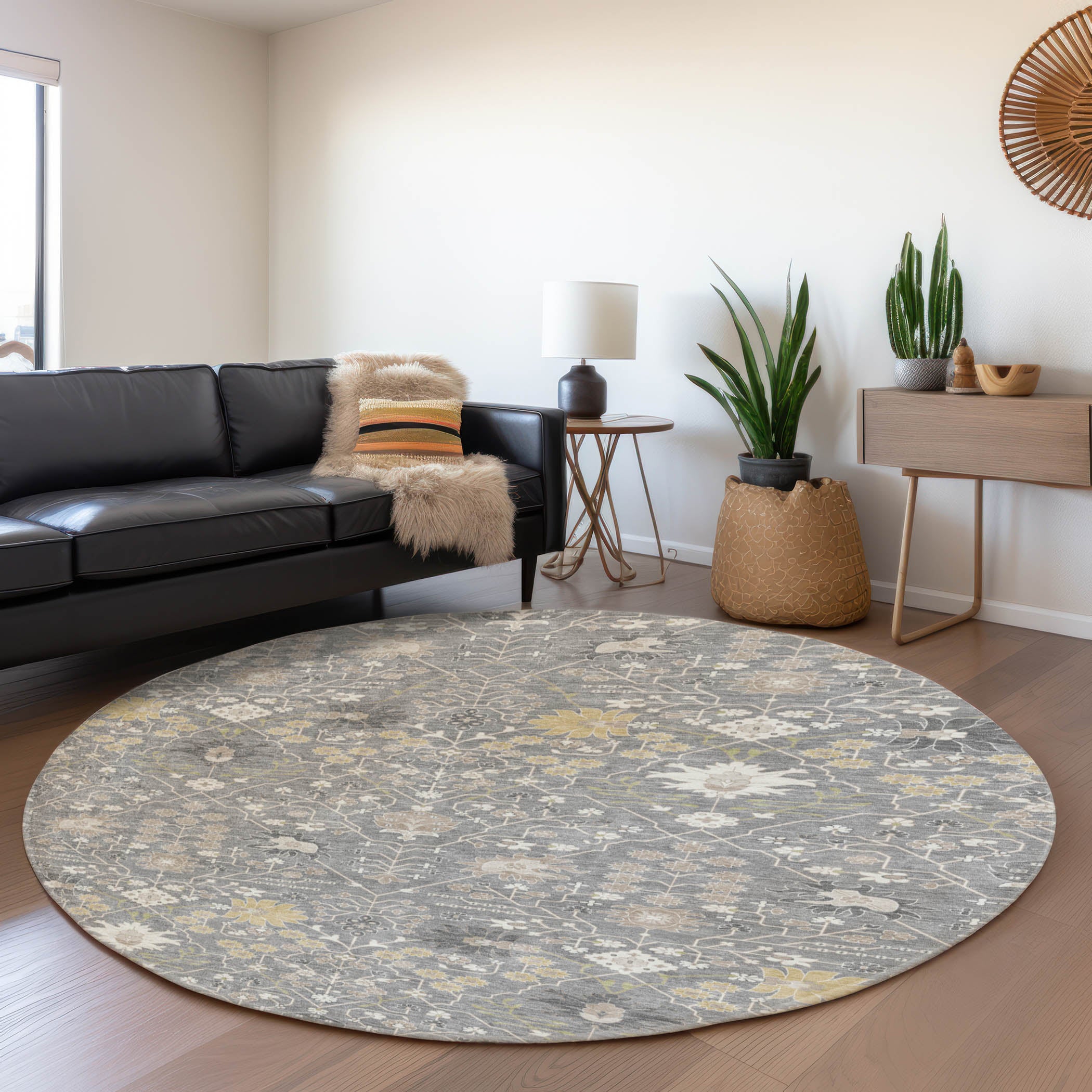 Colombo Machine Washable Traditional Gray Rug 8' x 8' #shape_Round