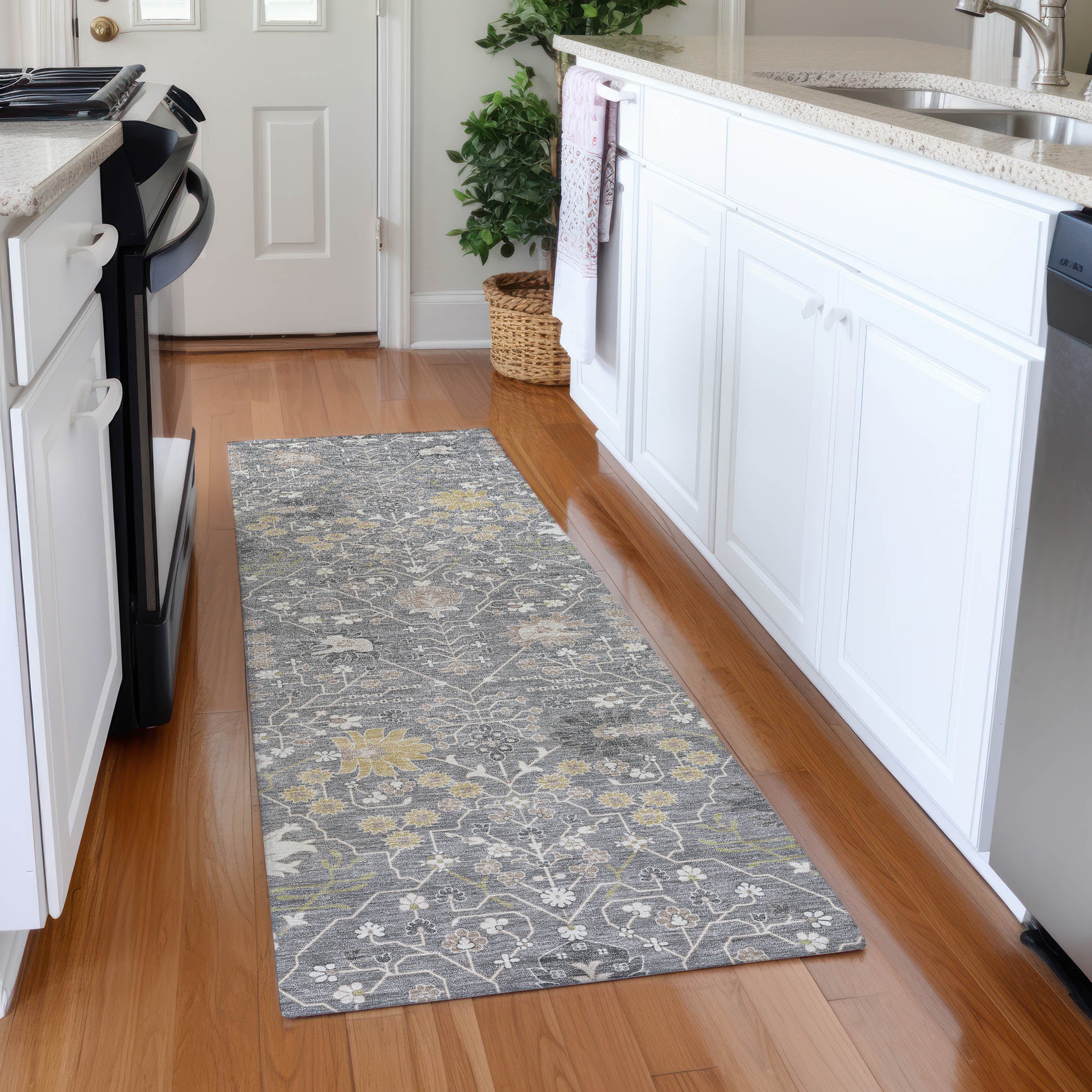 Colombo Machine Washable Traditional Gray Rug 2'3" x 7'6" #shape_Runner