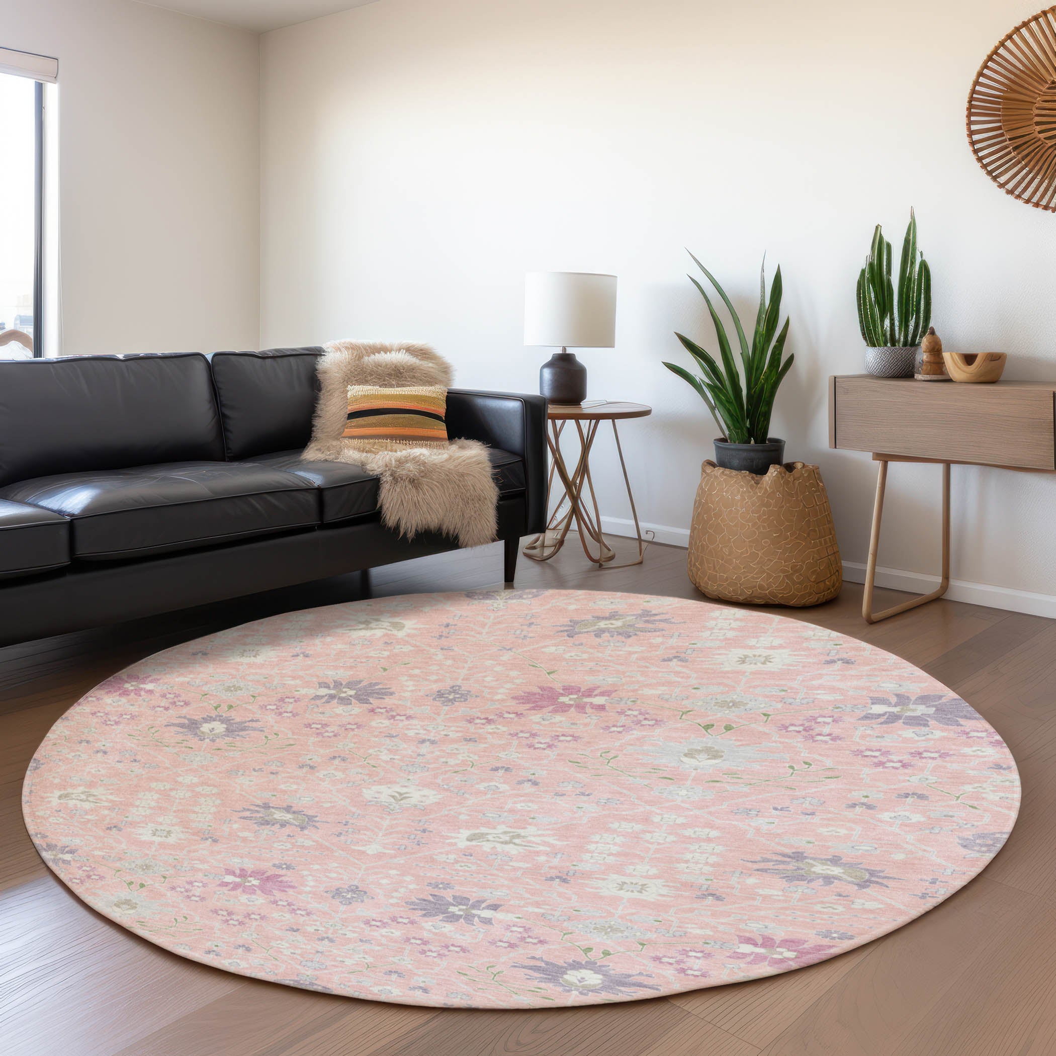 Colombo Machine Washable Traditional Pink Rug 8' x 8' #shape_Round