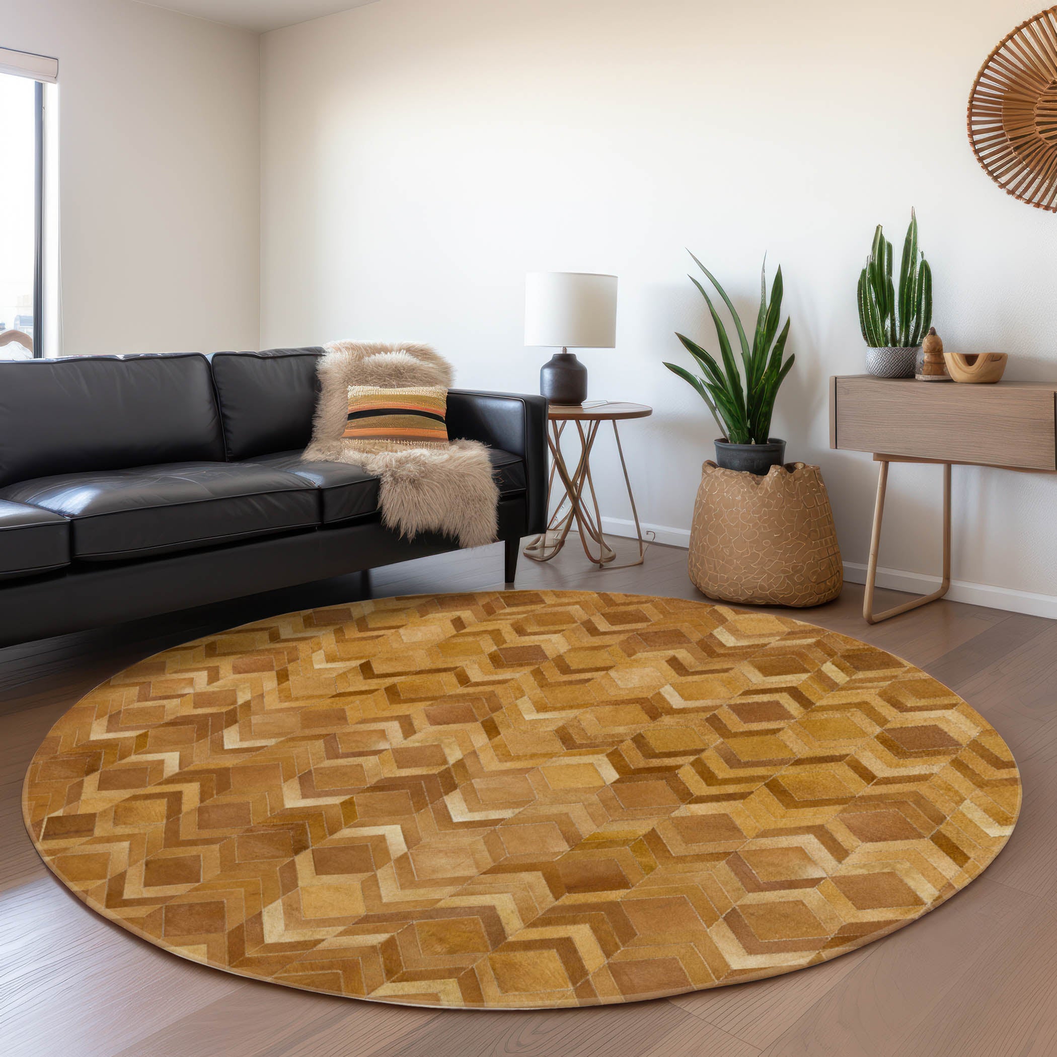 Vienna Machine Washable Cowhide Brown Browns Rug 8' x 8' #shape_Round