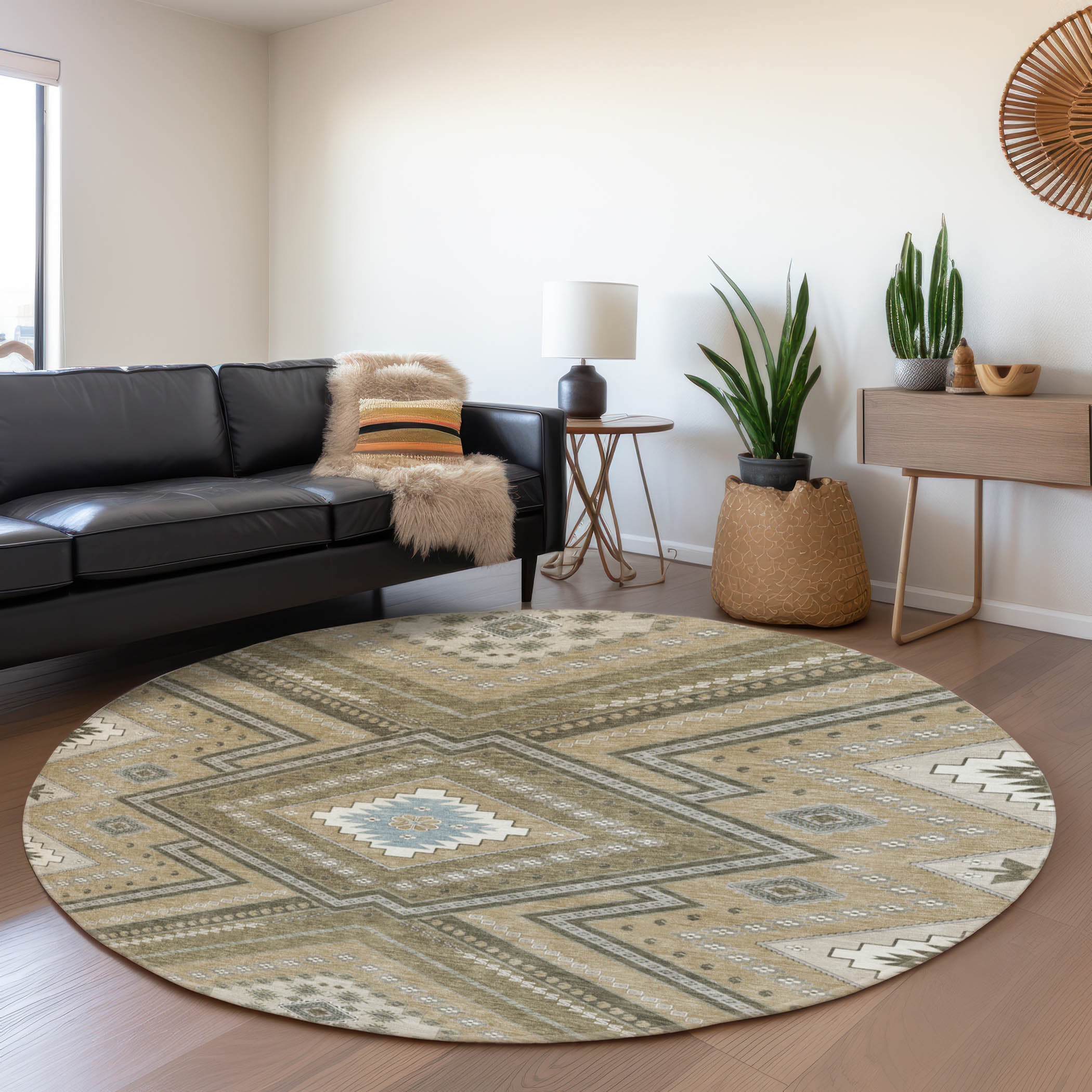Ghent Machine Washable Transitional Beige Brown Rug 8' x 8' #shape_Round