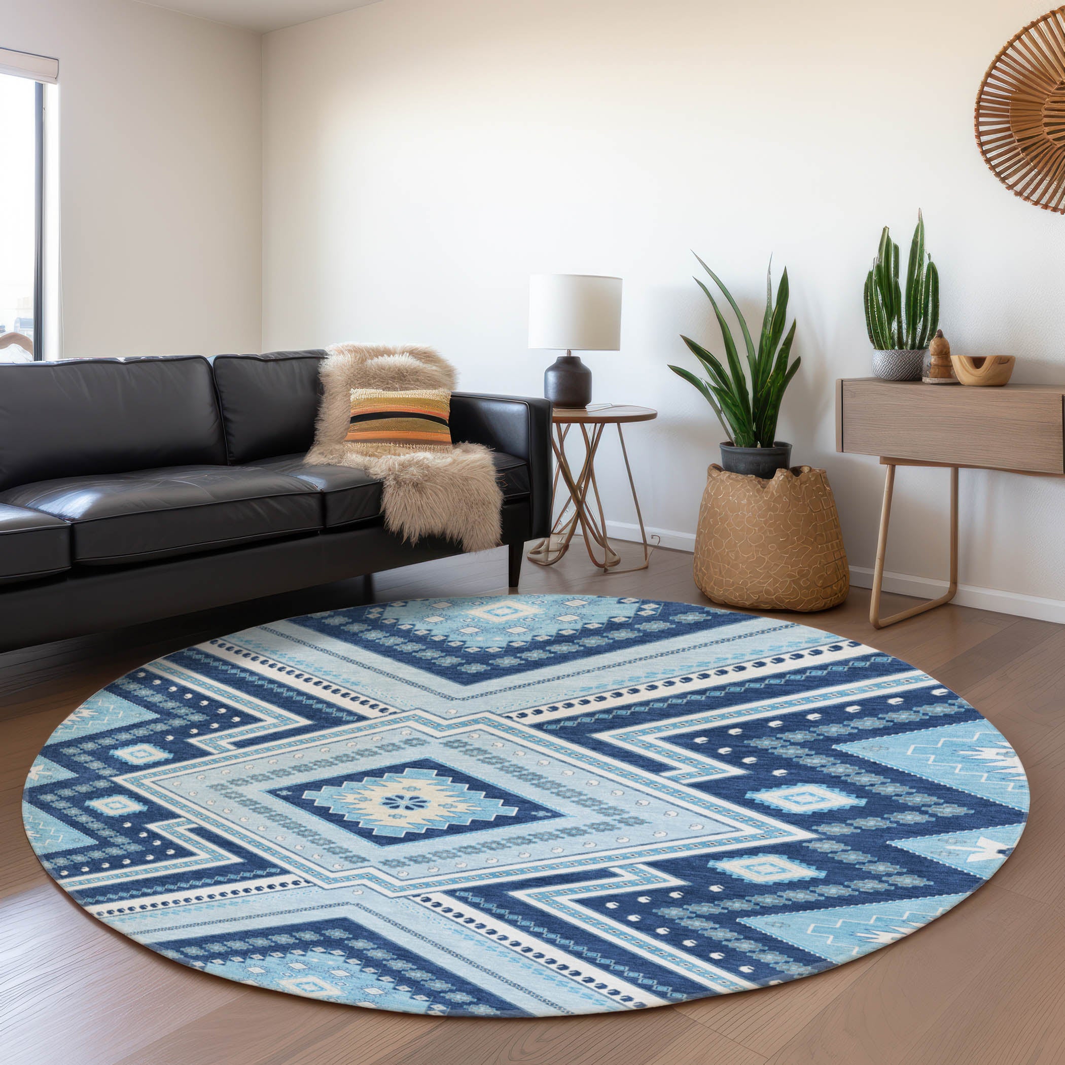 Ghent Machine Washable Transitional Navy Blue Rug 8' x 8' #shape_Round