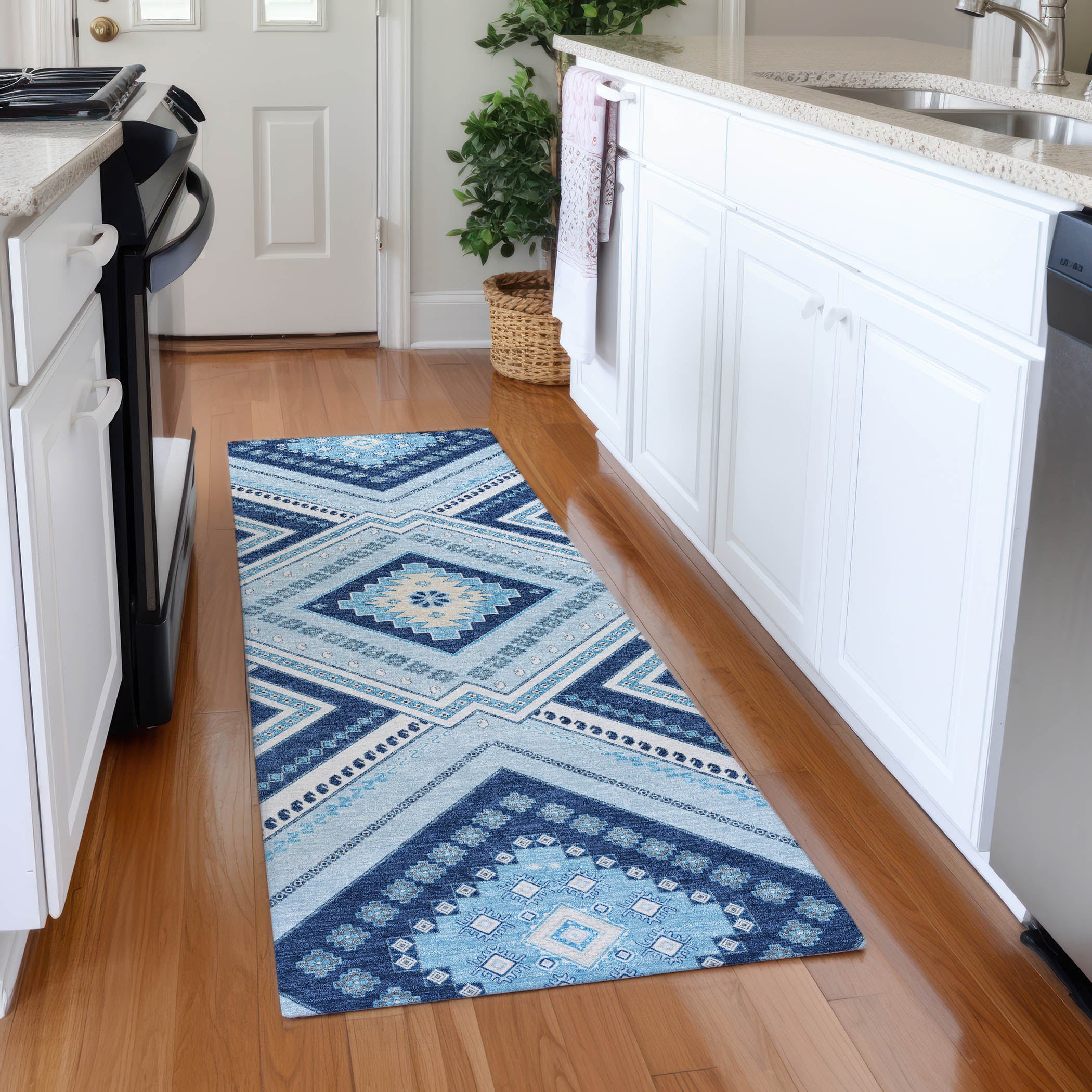 Ghent Machine Washable Transitional Navy Blue Rug 2'3" x 7'6" #shape_Runner