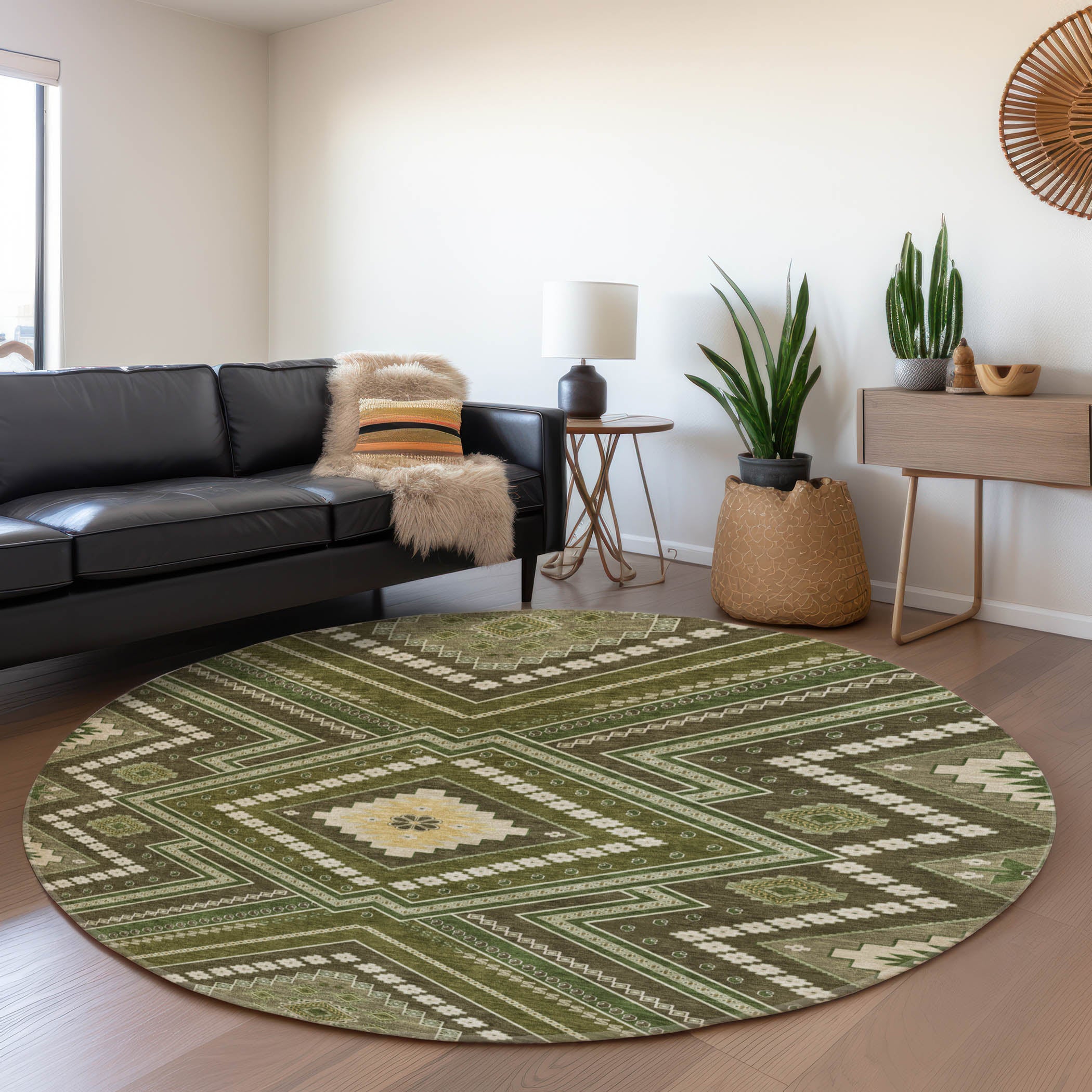 Ghent Machine Washable Transitional Olive Green Rug 8' x 8' #shape_Round