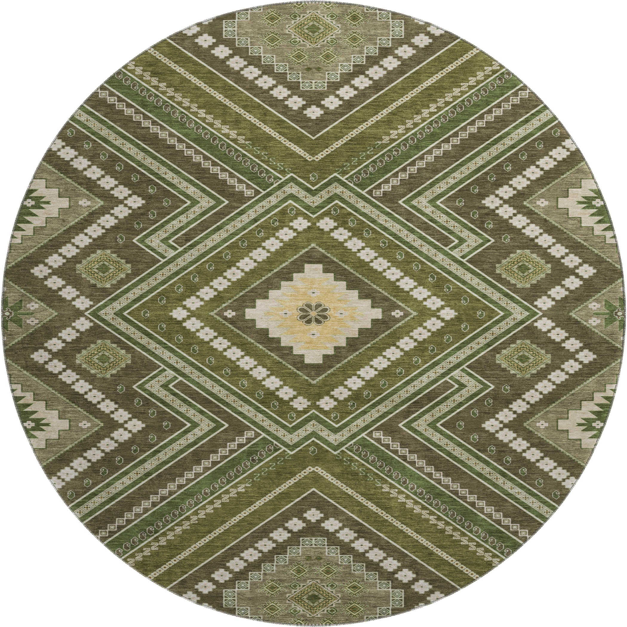 Ghent Machine Washable Transitional Olive Green Rug 8' x 8' #shape_Round