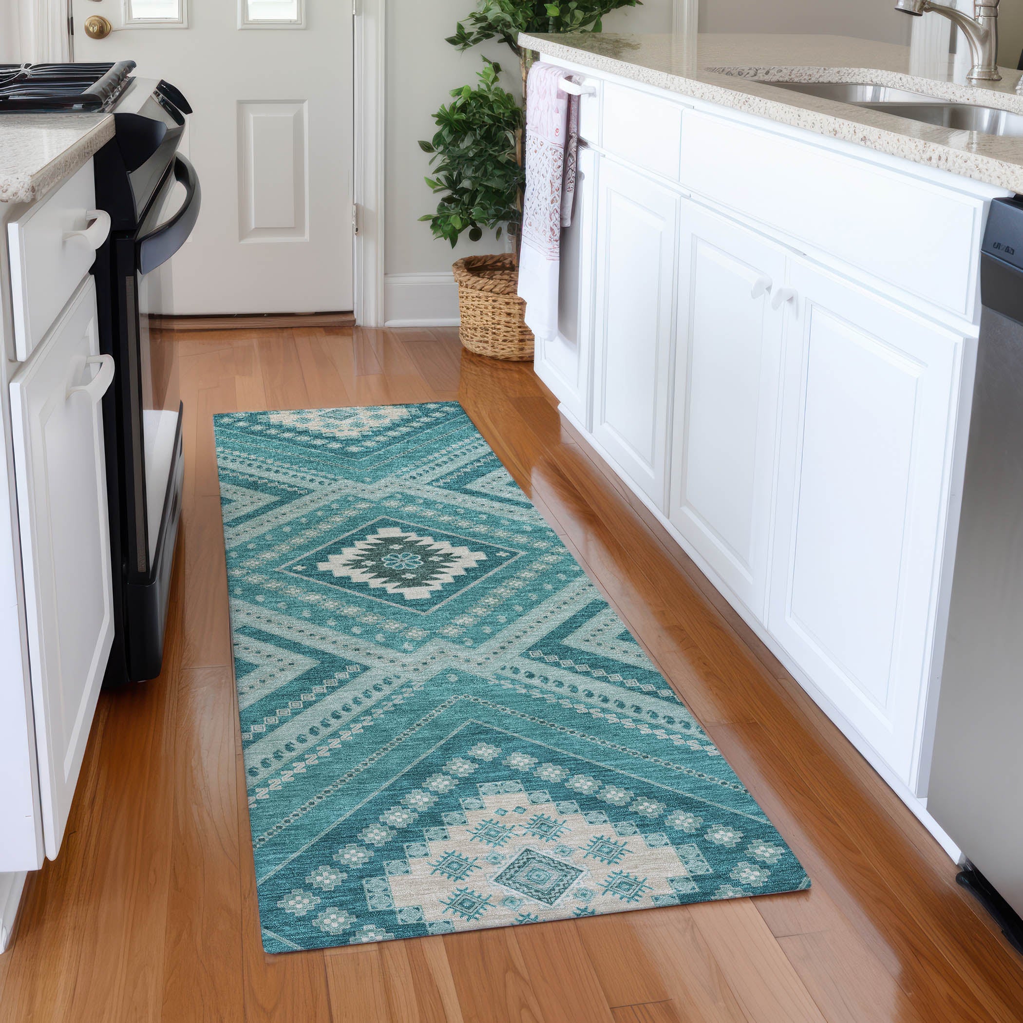Ghent Machine Washable Transitional Teal Rug 2'3" x 7'6" #shape_Runner