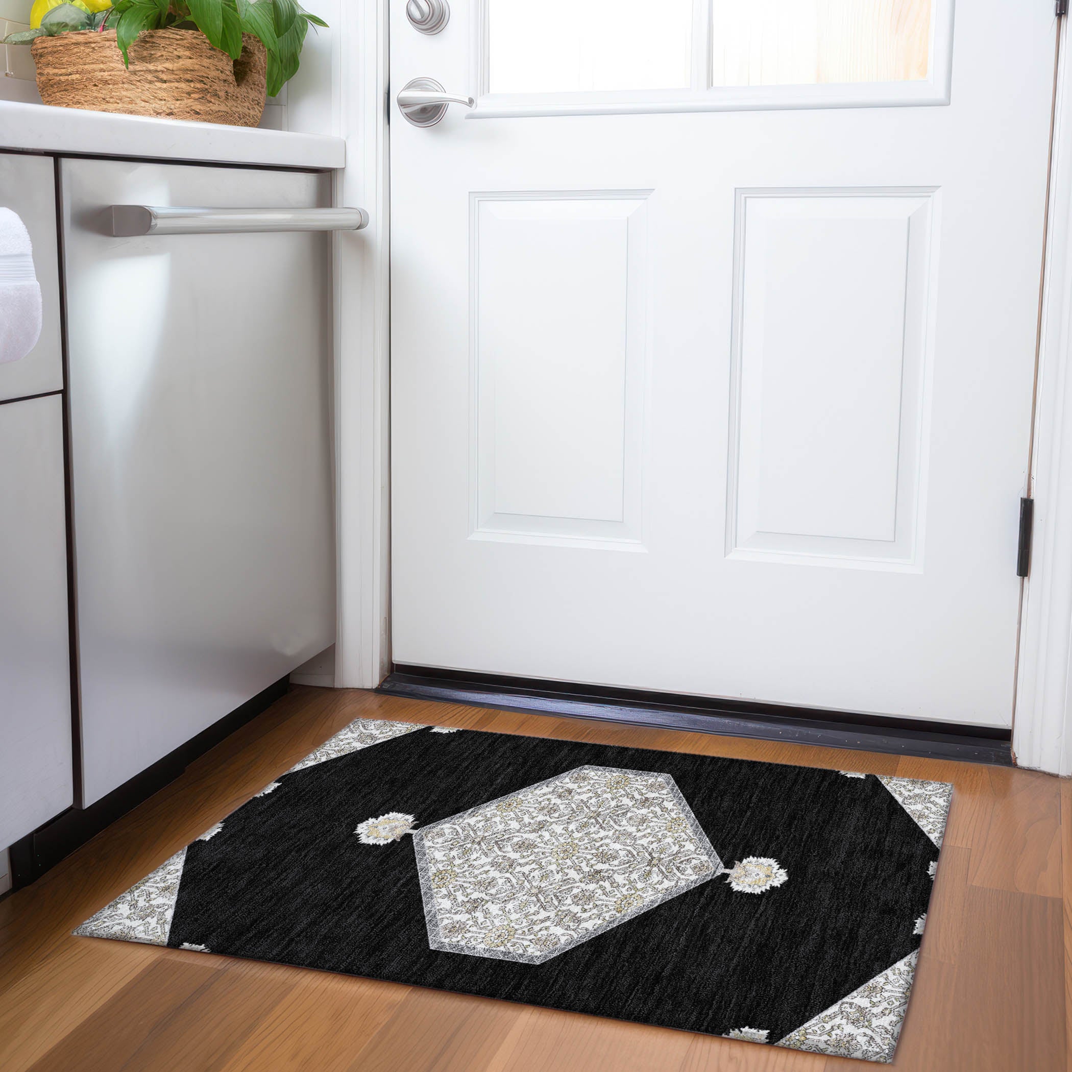 Athens Machine Washable Traditional Black Rug 1'8" x 2'6" #shape_Rectangle