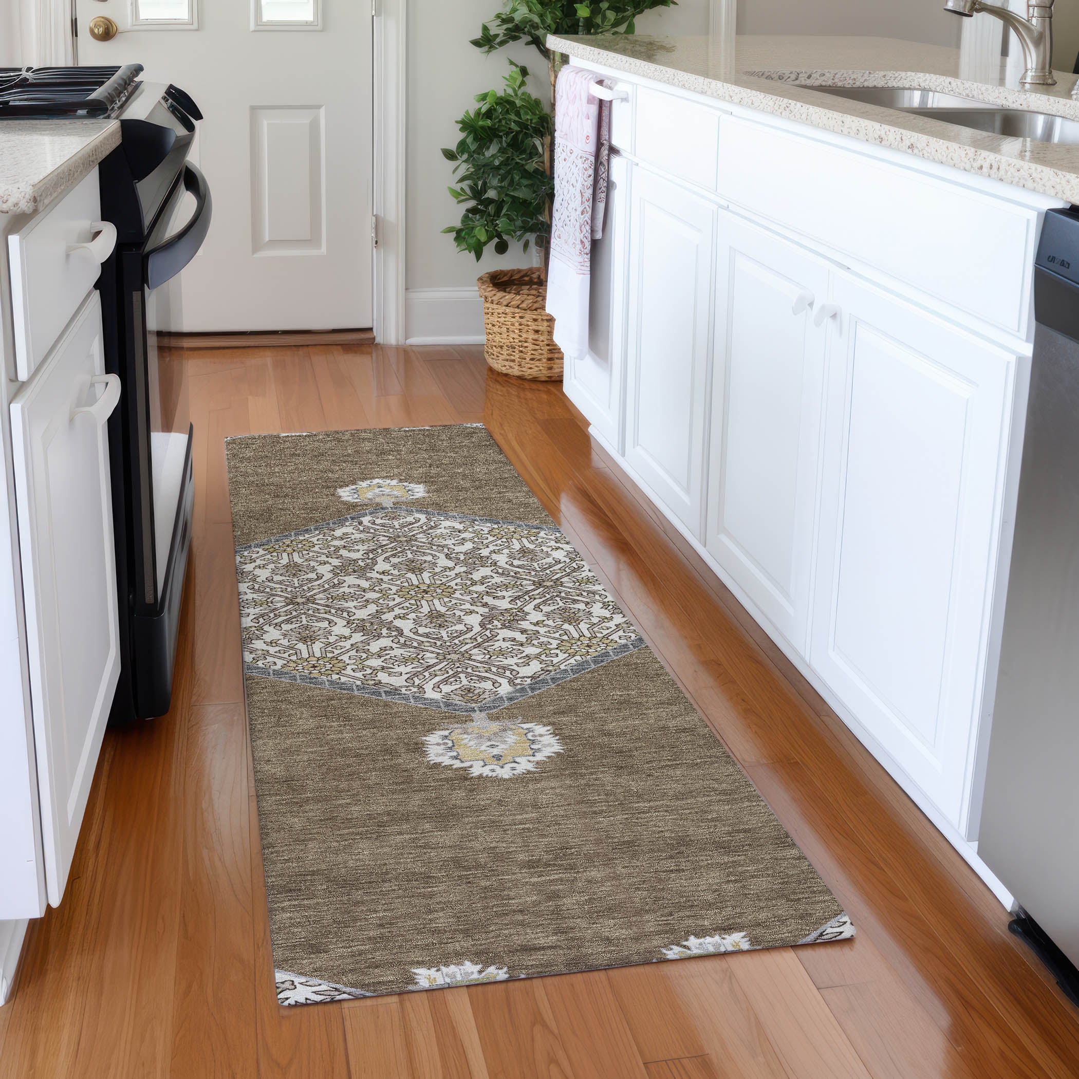 Athens Machine Washable Traditional Brown Rug 2'3" x 7'6" #shape_Runner