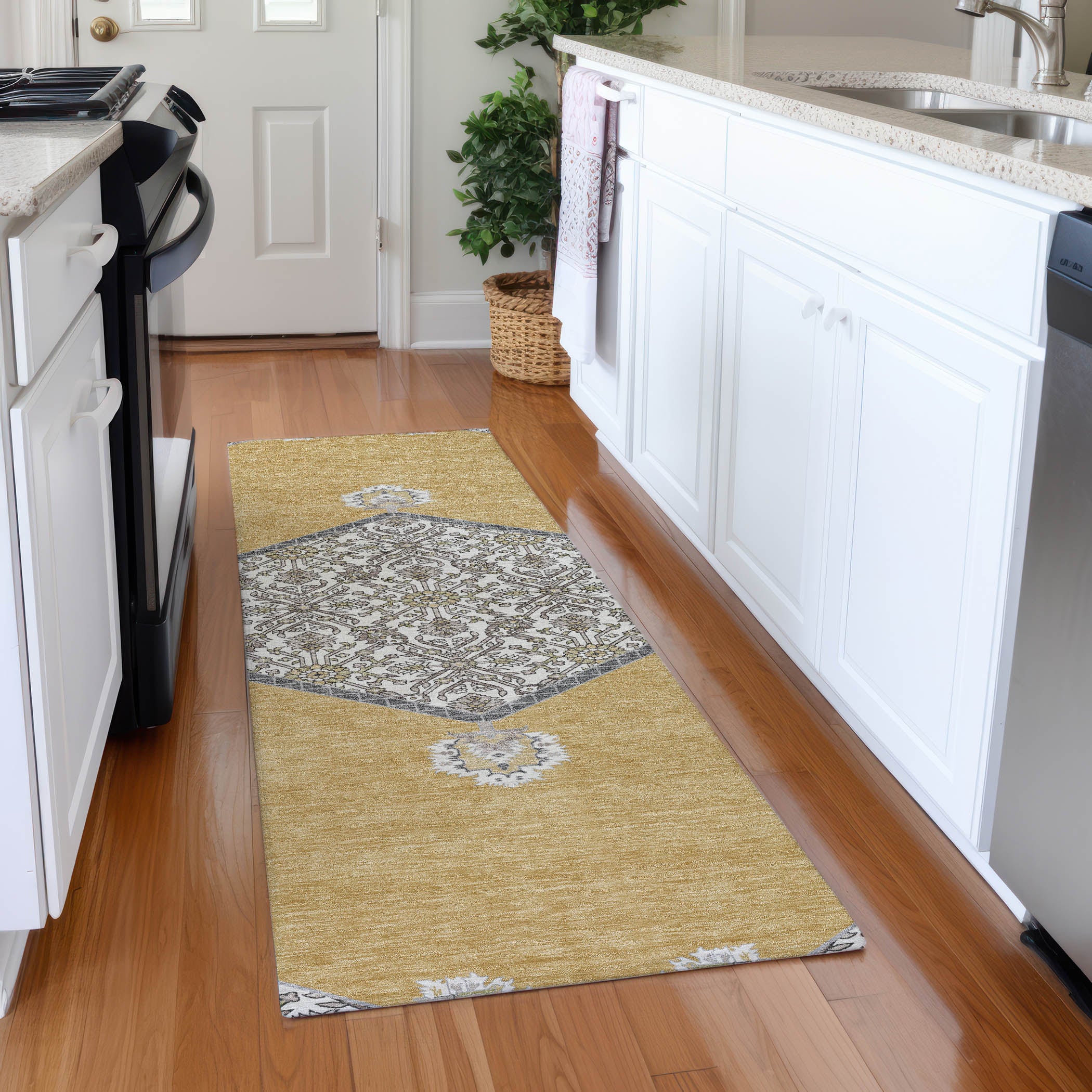 Athens Machine Washable Traditional Gold Rug 2'3" x 7'6" #shape_Runner