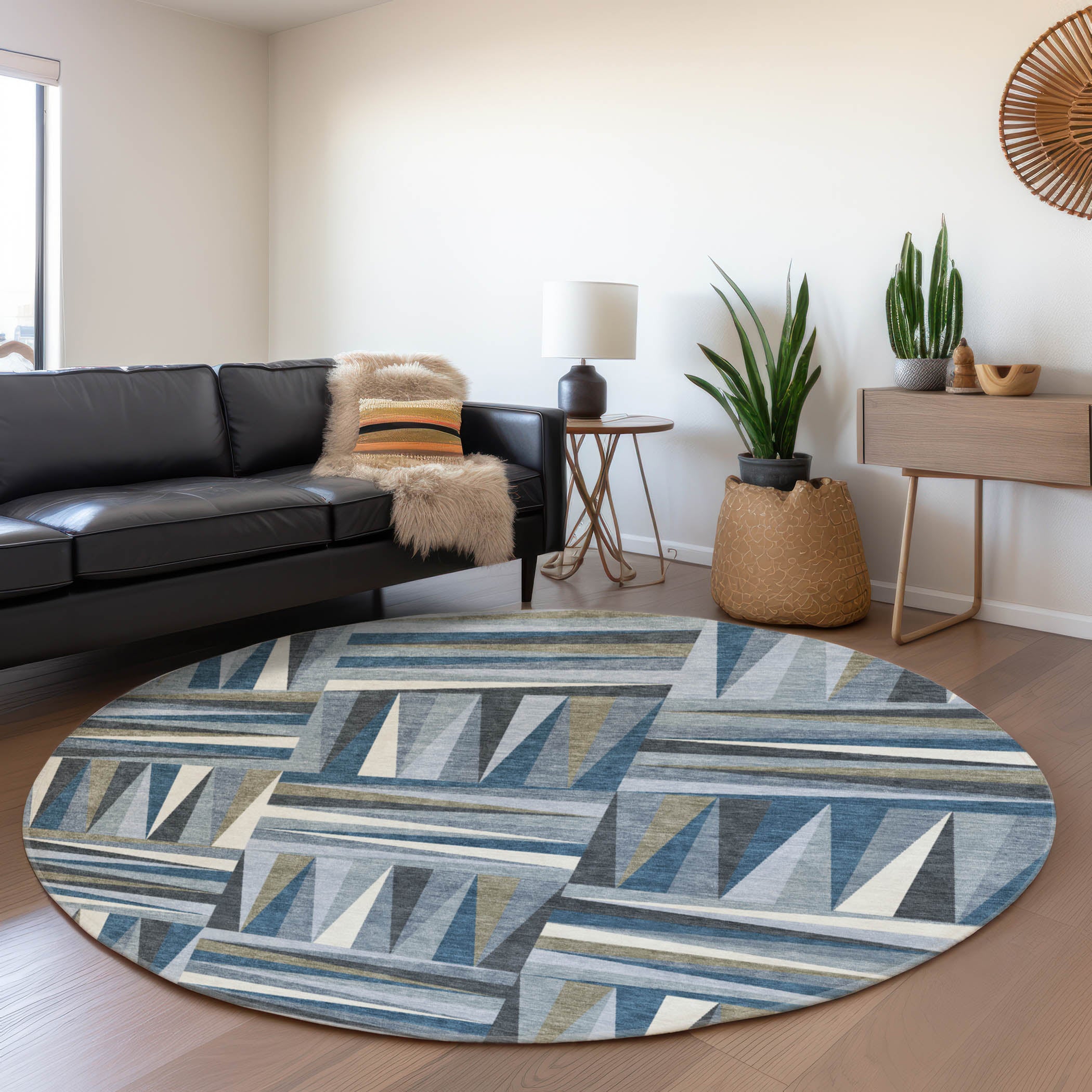 Bruges Machine Washable Transitional Denim Blue Rug 8' x 8' #shape_Round