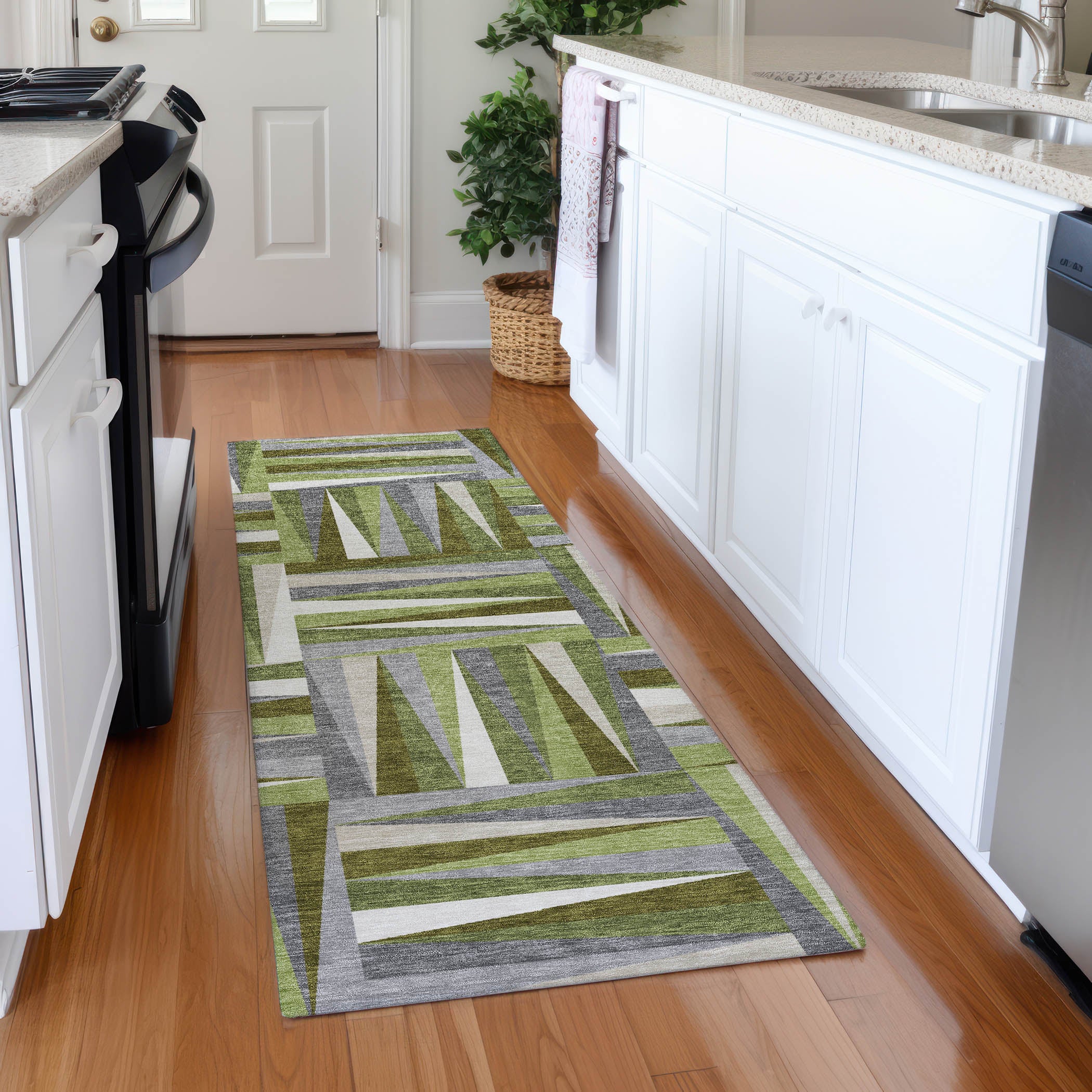 Bruges Machine Washable Transitional Green Rug 2'3" x 7'6" #shape_Runner