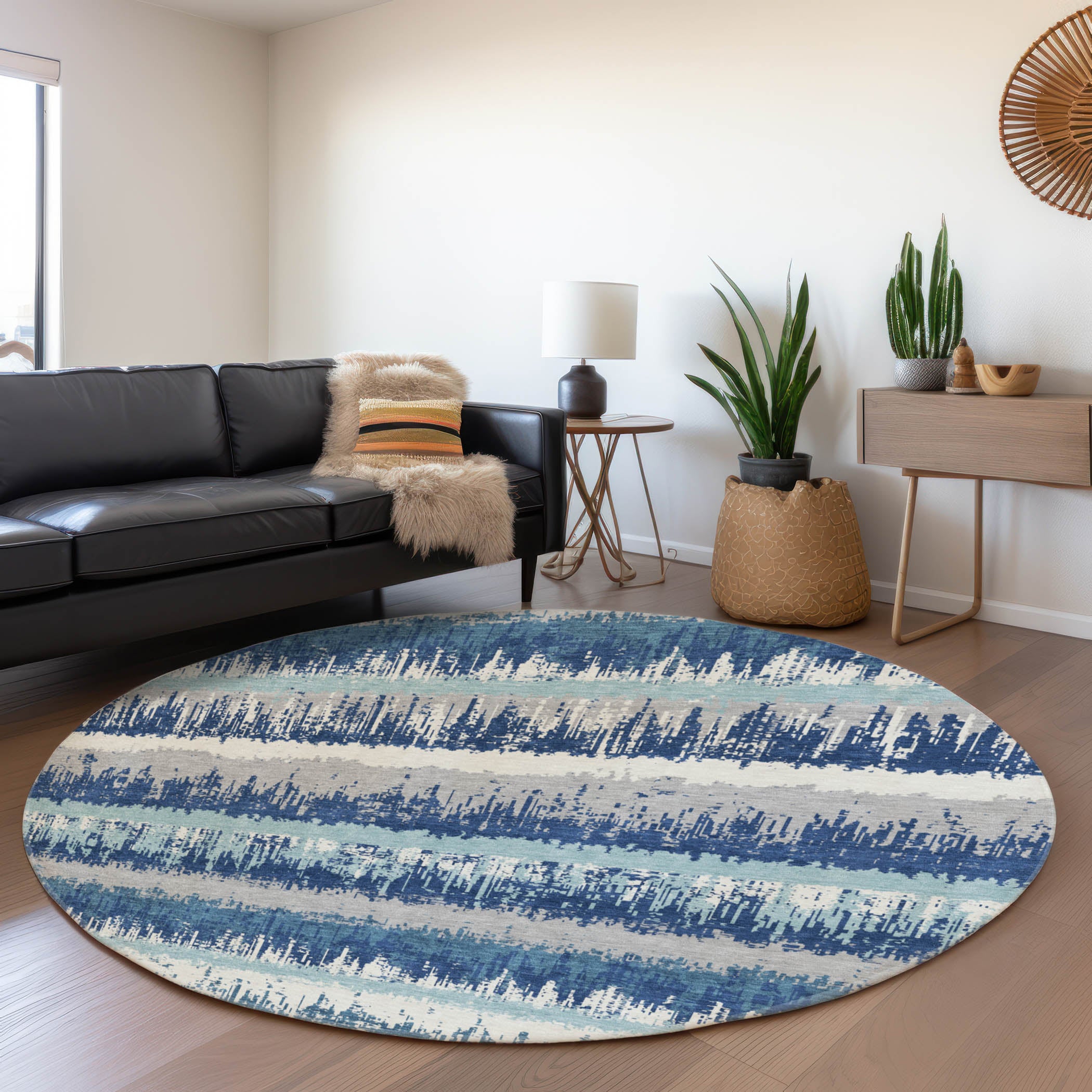 Marrakech Machine Washable Transitional Blue Rug 8' x 8' #shape_Round