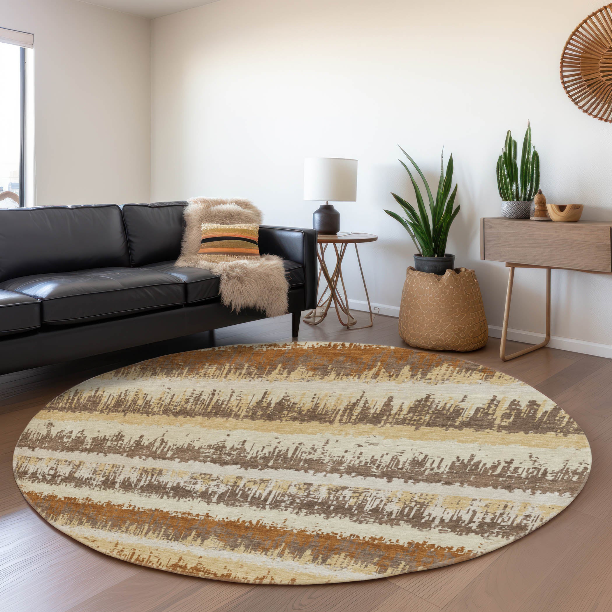 Marrakech Machine Washable Transitional Mocha Brown Rug 8' x 8' #shape_Round