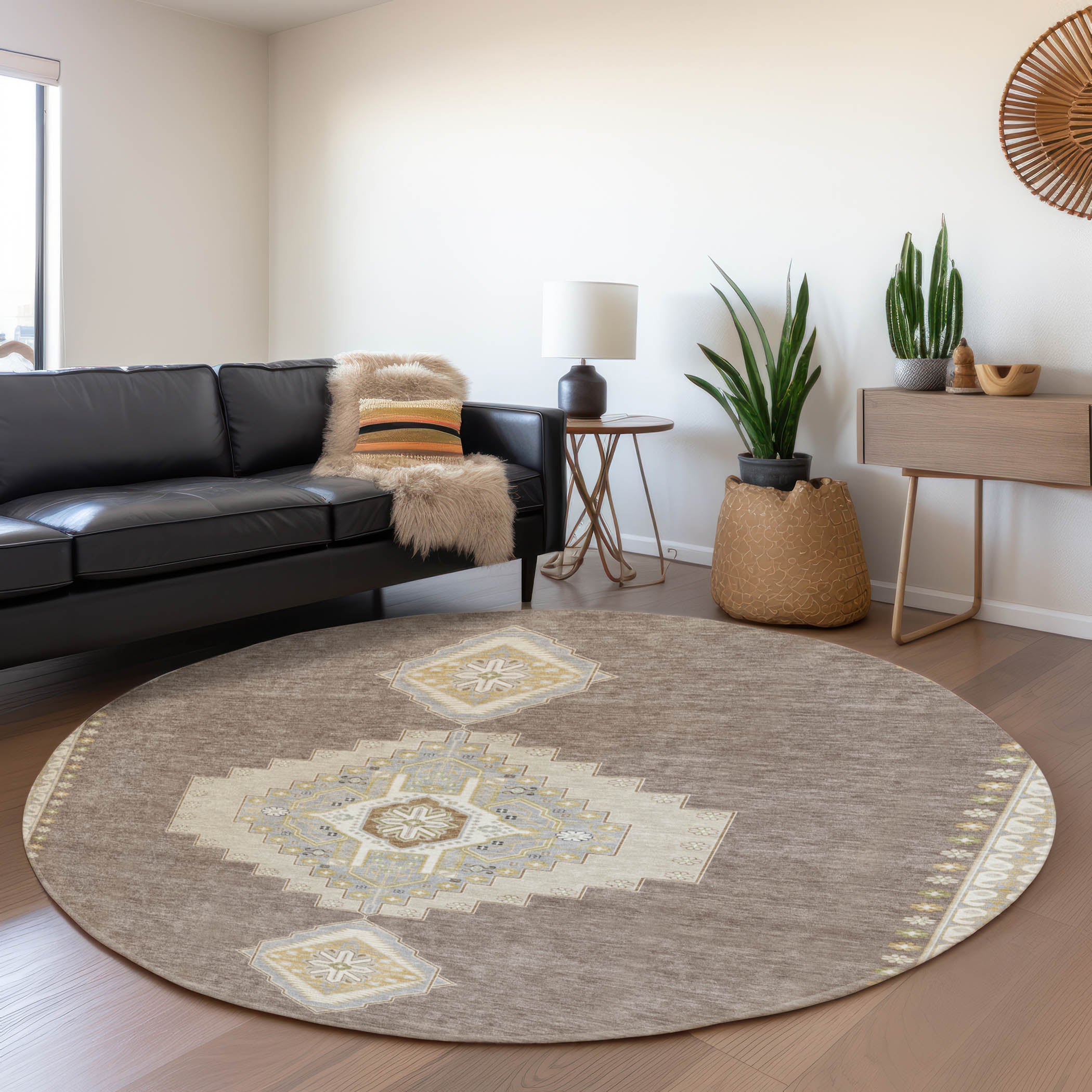 Jaipur Machine Washable Traditional Taupe Brown Rug 8' x 8' #shape_Round